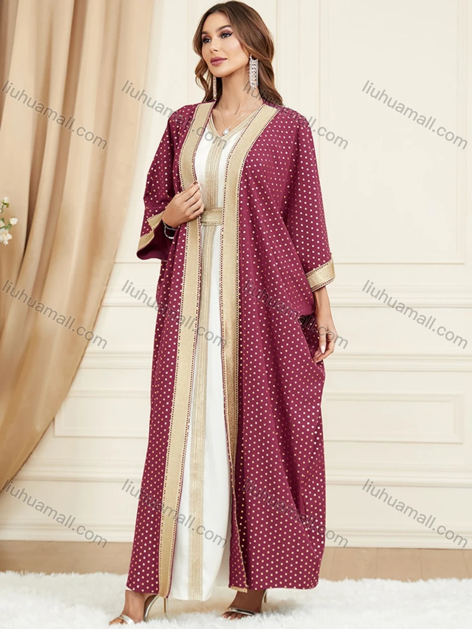 Wholesale Women's Arabic Muslim Islamic Dubai Embroidery Robe Cardigan & Dress 2-piece Set 3319# - Liuhuamall