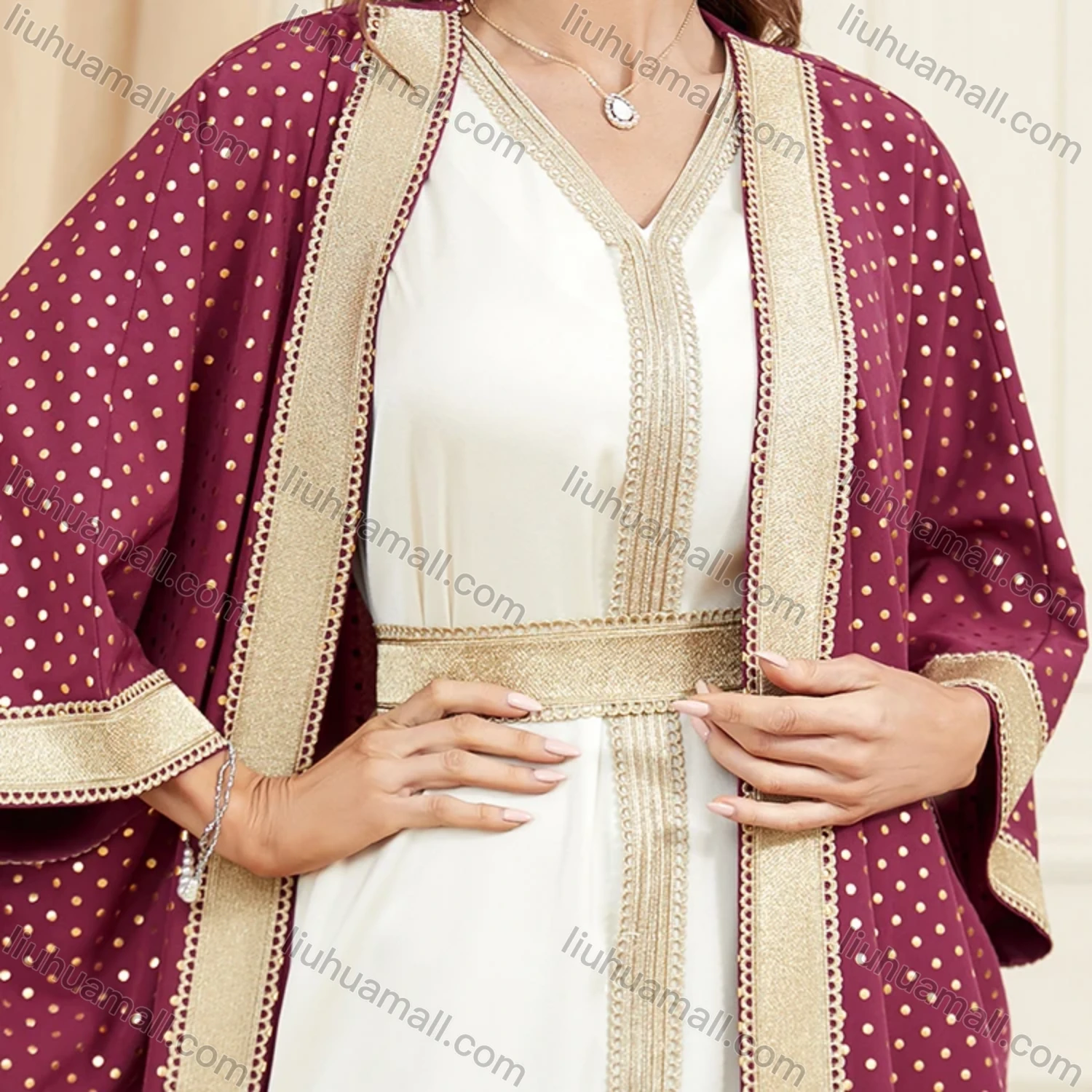 Wholesale Women's Arabic Muslim Islamic Dubai Embroidery Robe Cardigan & Dress 2-piece Set 3319# - Liuhuamall