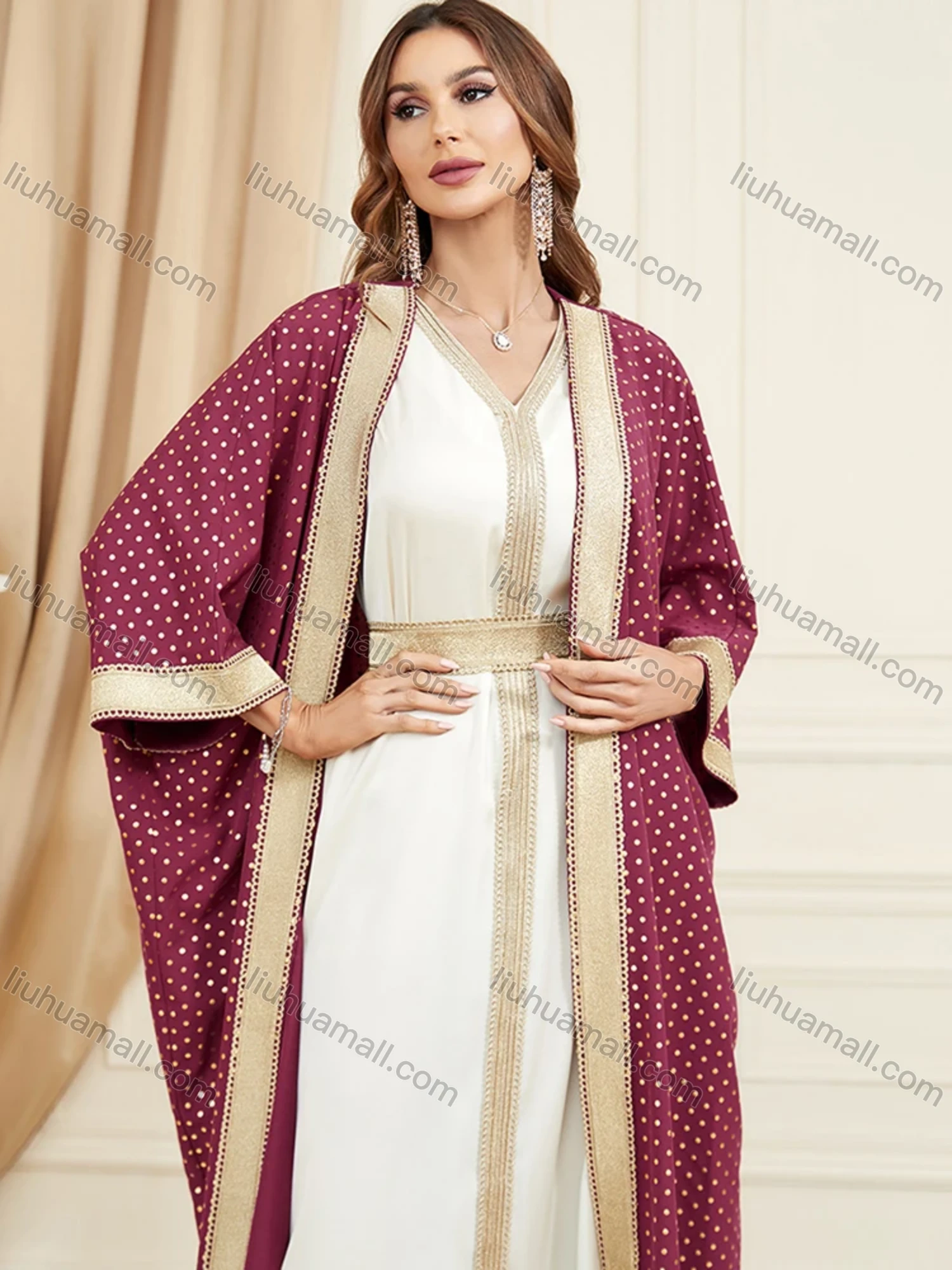 Wholesale Women's Arabic Muslim Islamic Dubai Embroidery Robe Cardigan & Dress 2-piece Set 3319# - Liuhuamall