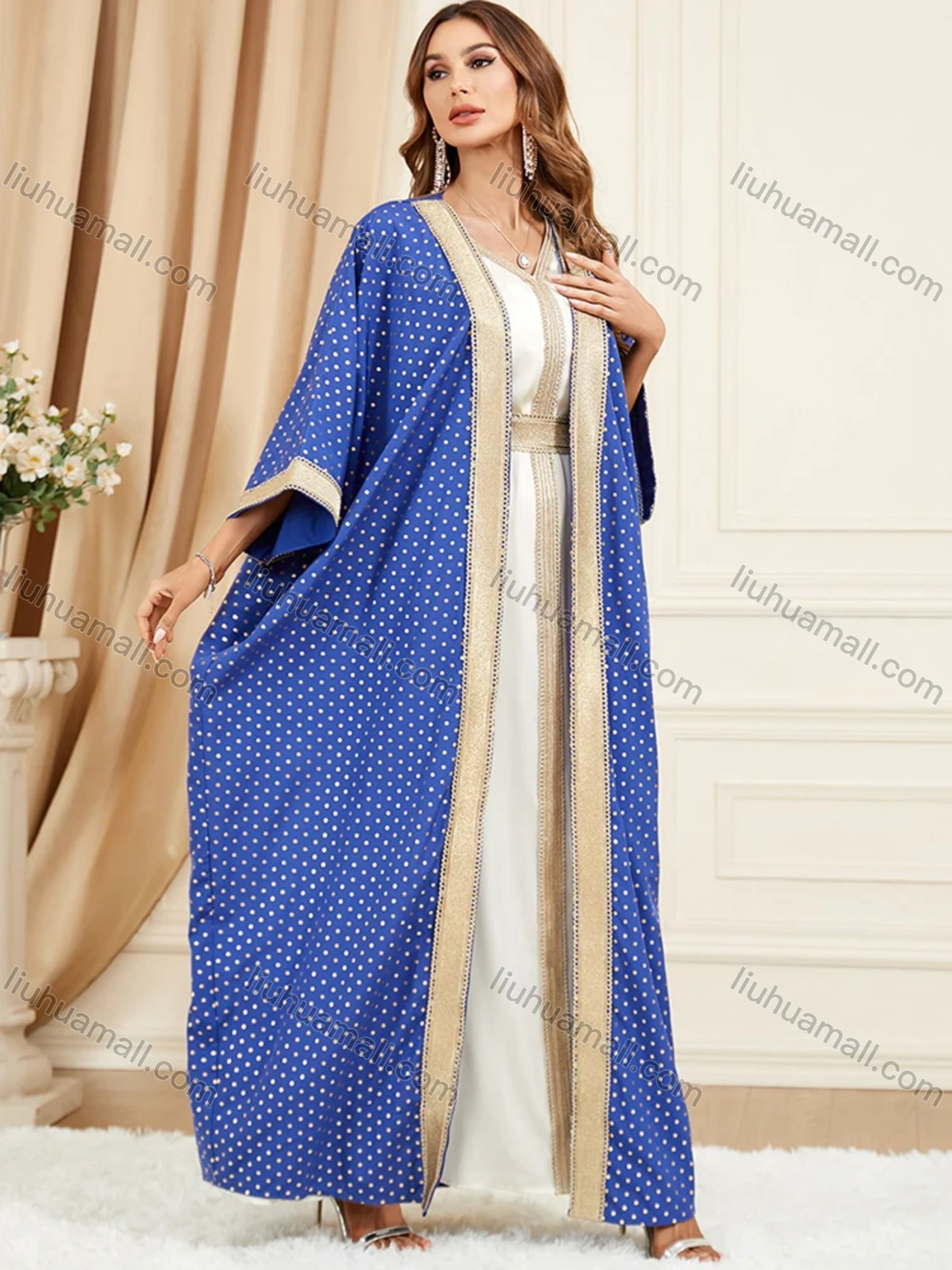 Wholesale Women's Arabic Muslim Islamic Dubai Embroidery Robe Cardigan & Dress 2-piece Set 3319# - Liuhuamall