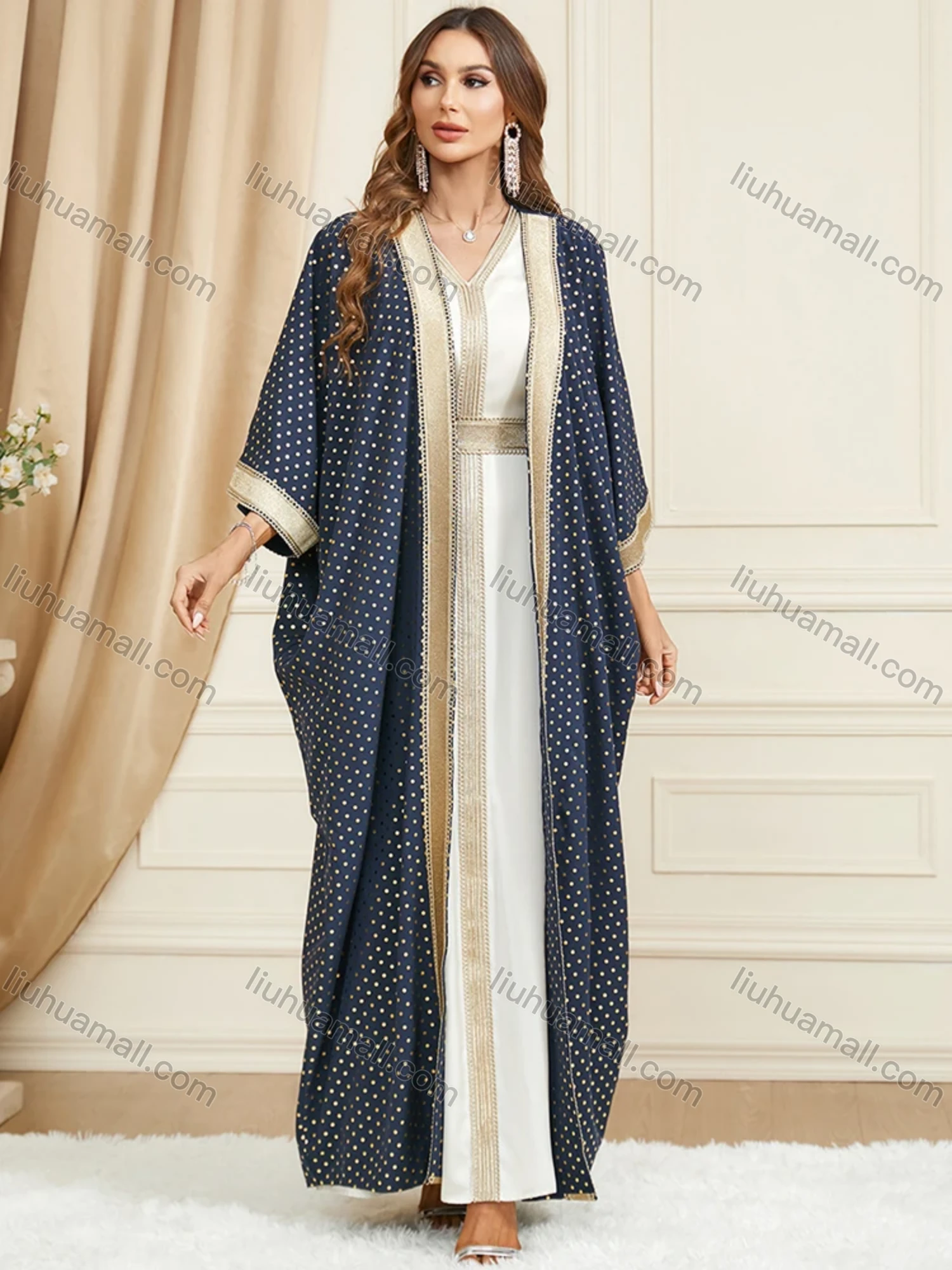 Wholesale Women's Arabic Muslim Islamic Dubai Embroidery Robe Cardigan & Dress 2-piece Set 3319# - Liuhuamall