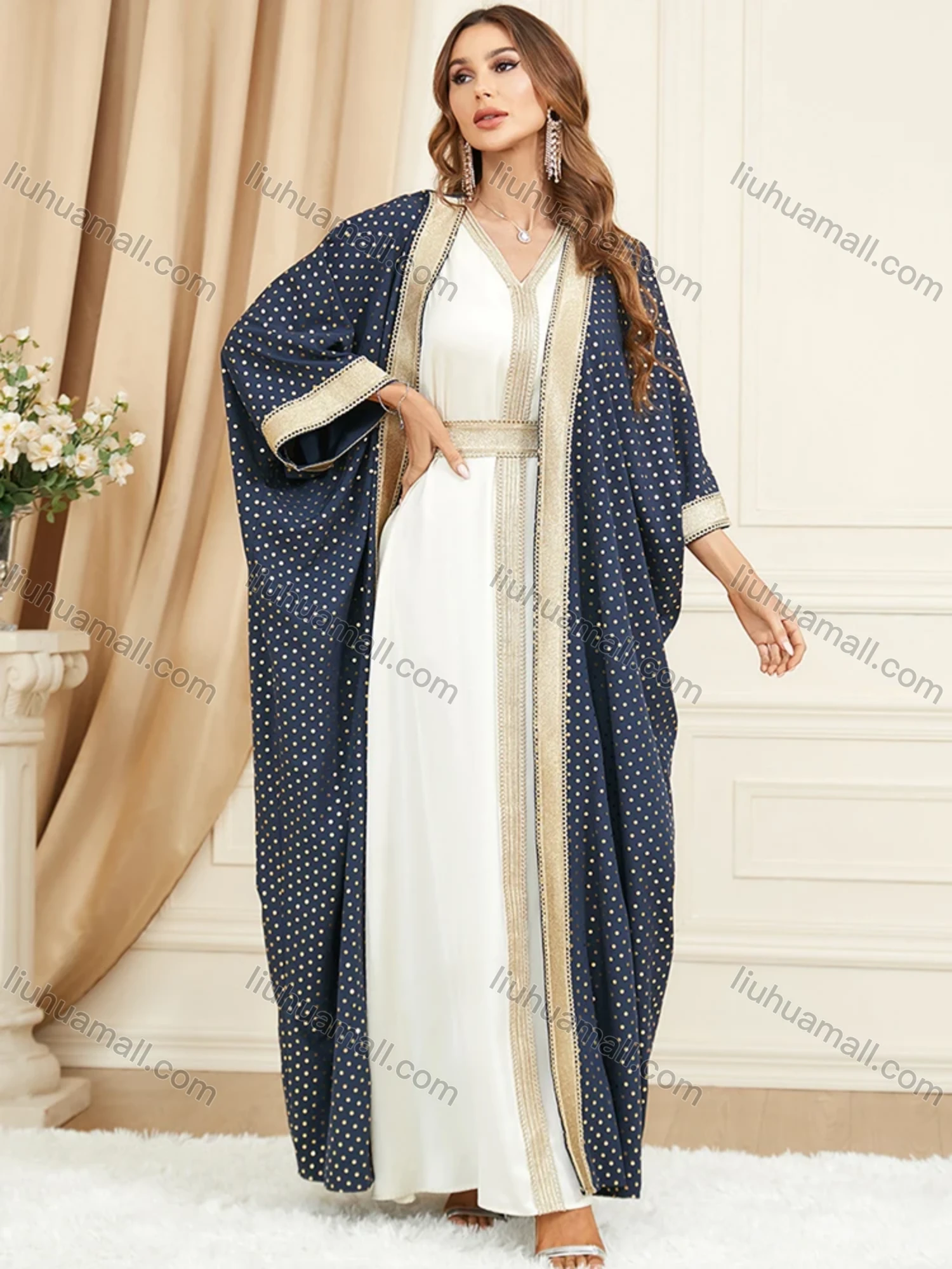 Wholesale Women's Arabic Muslim Islamic Dubai Embroidery Robe Cardigan & Dress 2-piece Set 3319# - Liuhuamall