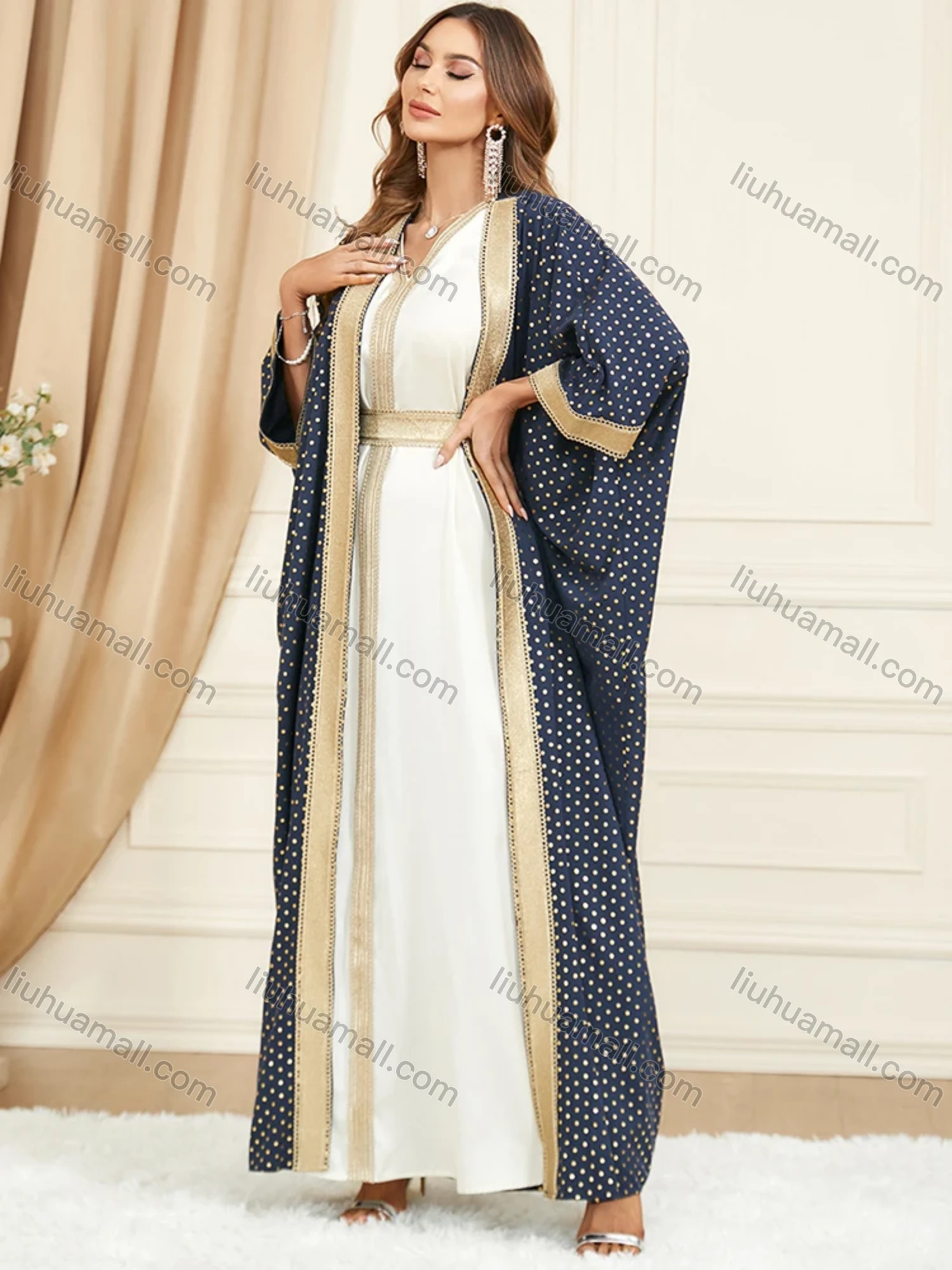 Wholesale Women's Arabic Muslim Islamic Dubai Embroidery Robe Cardigan & Dress 2-piece Set 3319# - Liuhuamall