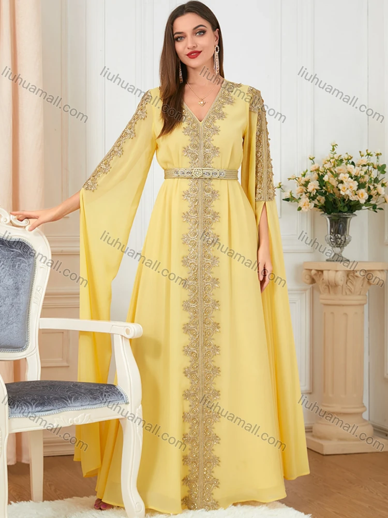 Wholesale Women's Arabic Dubai Muslim Islamic V Neck Splicing Embroidery Abaya Maxi Dress 3329# - Liuhuamall