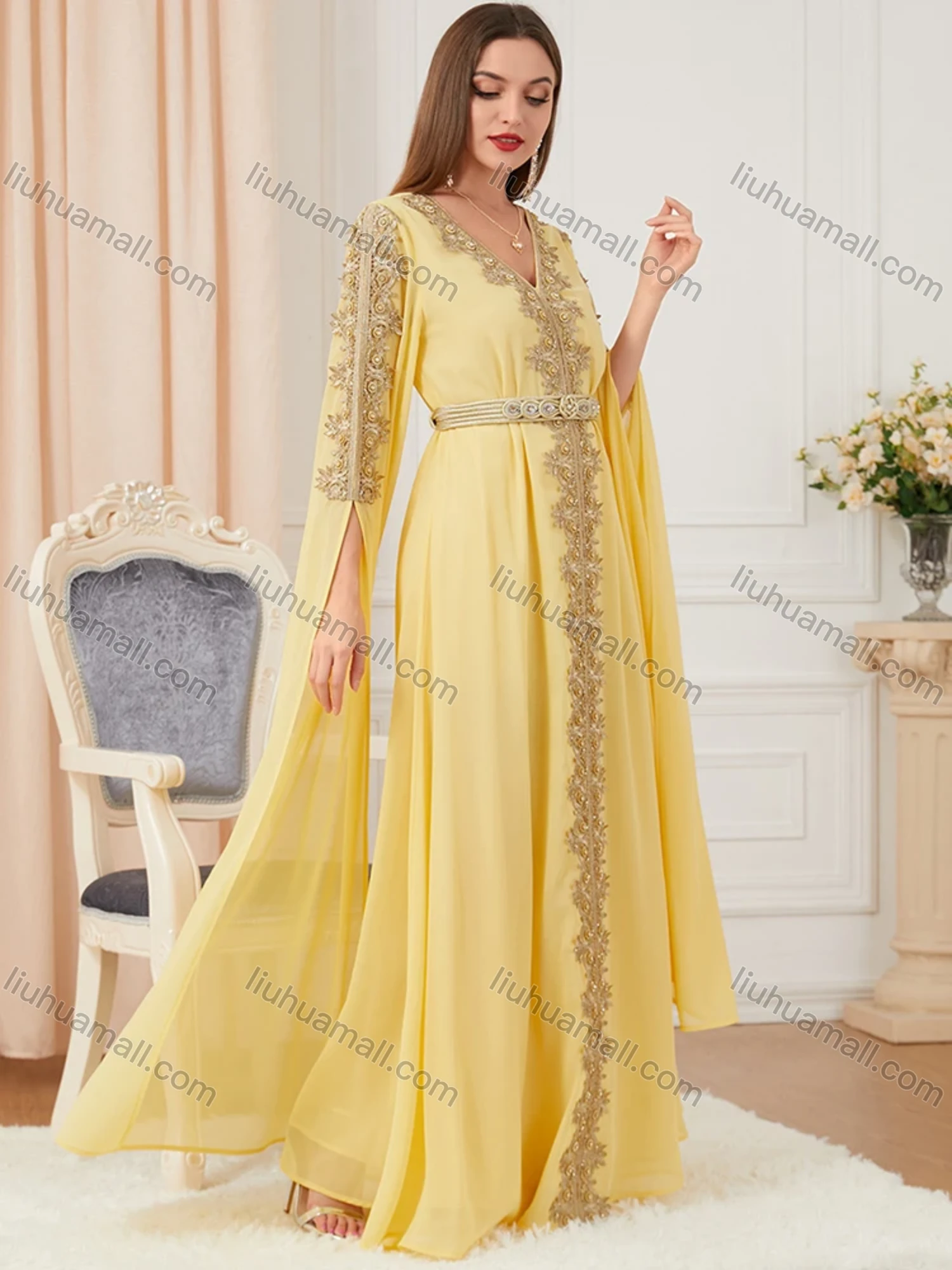 Wholesale Women's Arabic Dubai Muslim Islamic V Neck Splicing Embroidery Abaya Maxi Dress 3329# - Liuhuamall