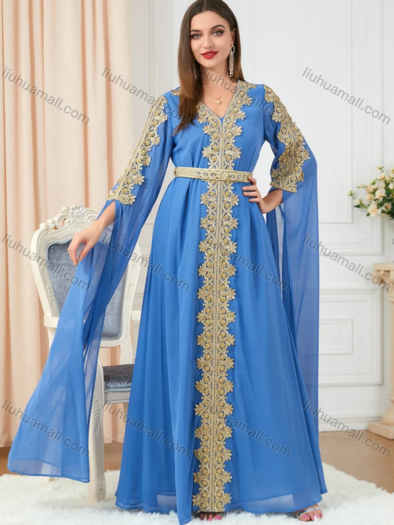 Wholesale Women's Arabic Dubai Muslim Islamic V Neck Splicing Embroidery Abaya Maxi Dress 3329# - Liuhuamall