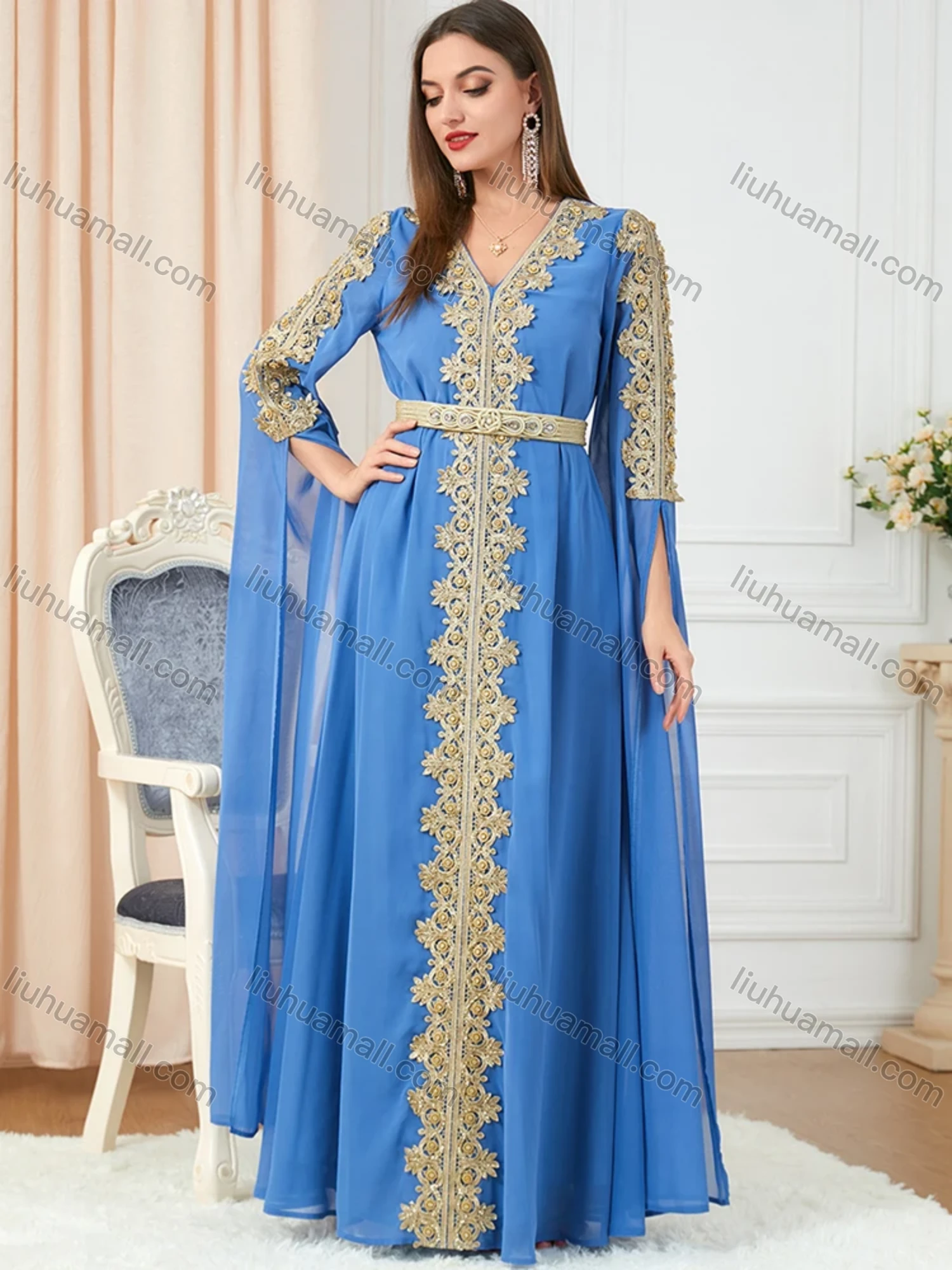 Wholesale Women's Arabic Dubai Muslim Islamic V Neck Splicing Embroidery Abaya Maxi Dress 3329# - Liuhuamall
