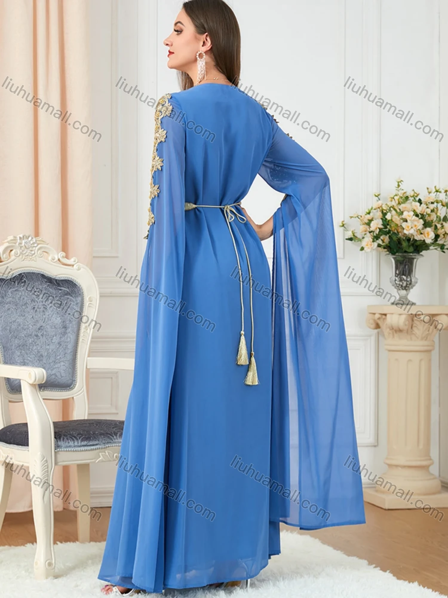 Wholesale Women's Arabic Dubai Muslim Islamic V Neck Splicing Embroidery Abaya Maxi Dress 3329# - Liuhuamall