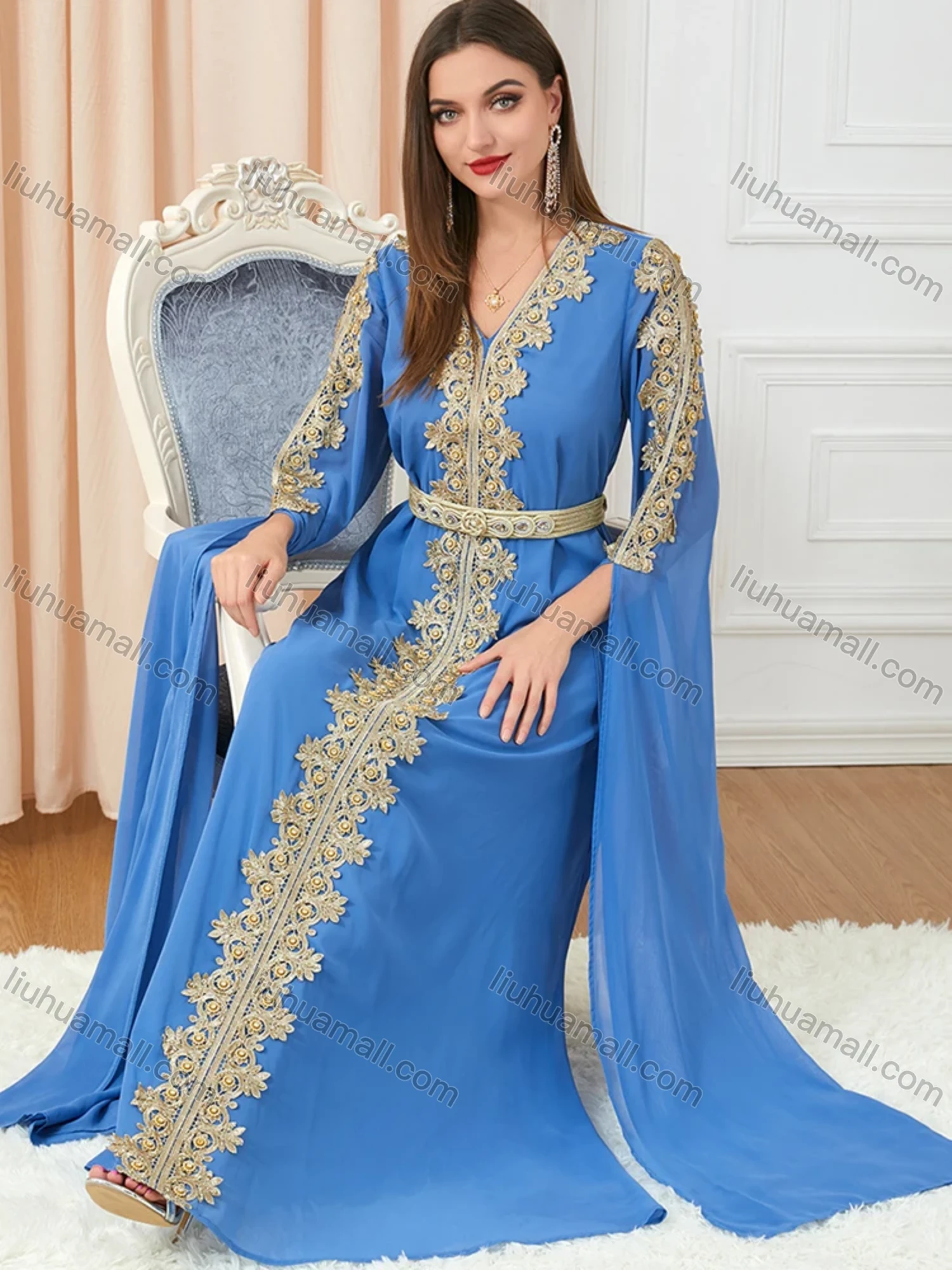 Wholesale Women's Arabic Dubai Muslim Islamic V Neck Splicing Embroidery Abaya Maxi Dress 3329# - Liuhuamall