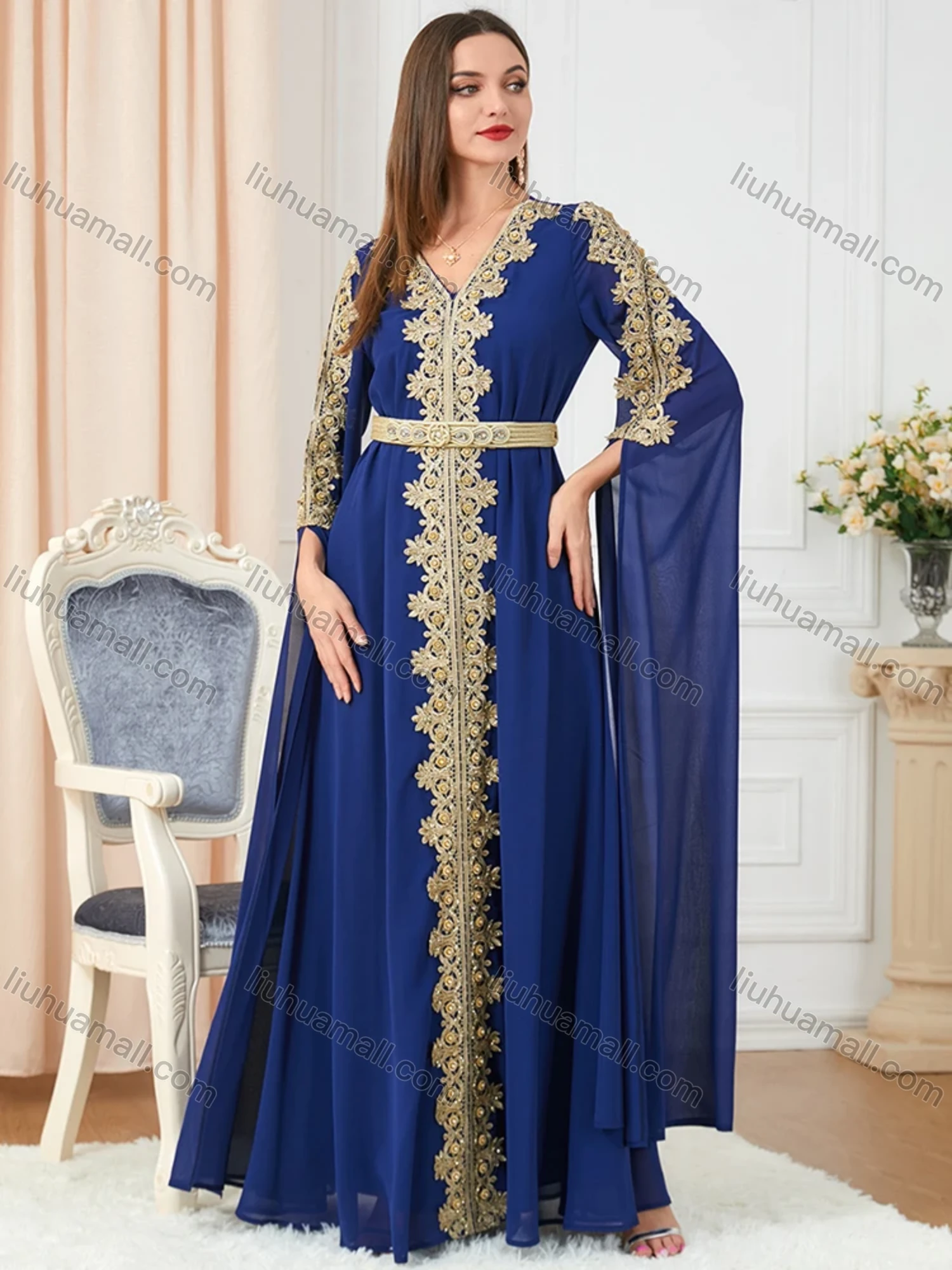 Wholesale Women's Arabic Dubai Muslim Islamic V Neck Splicing Embroidery Abaya Maxi Dress 3329# - Liuhuamall