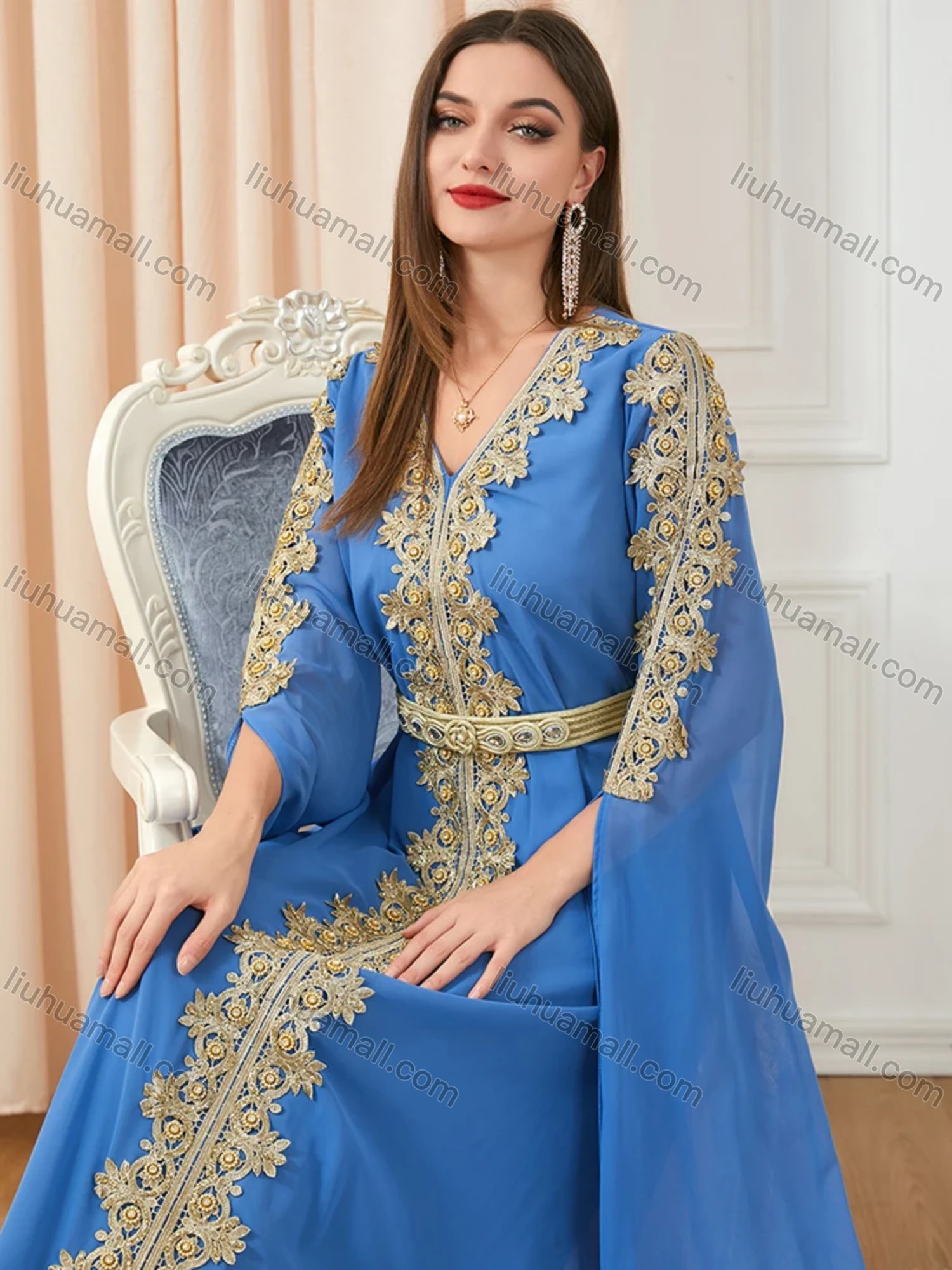 Wholesale Women's Arabic Dubai Muslim Islamic V Neck Splicing Embroidery Abaya Maxi Dress 3329# - Liuhuamall