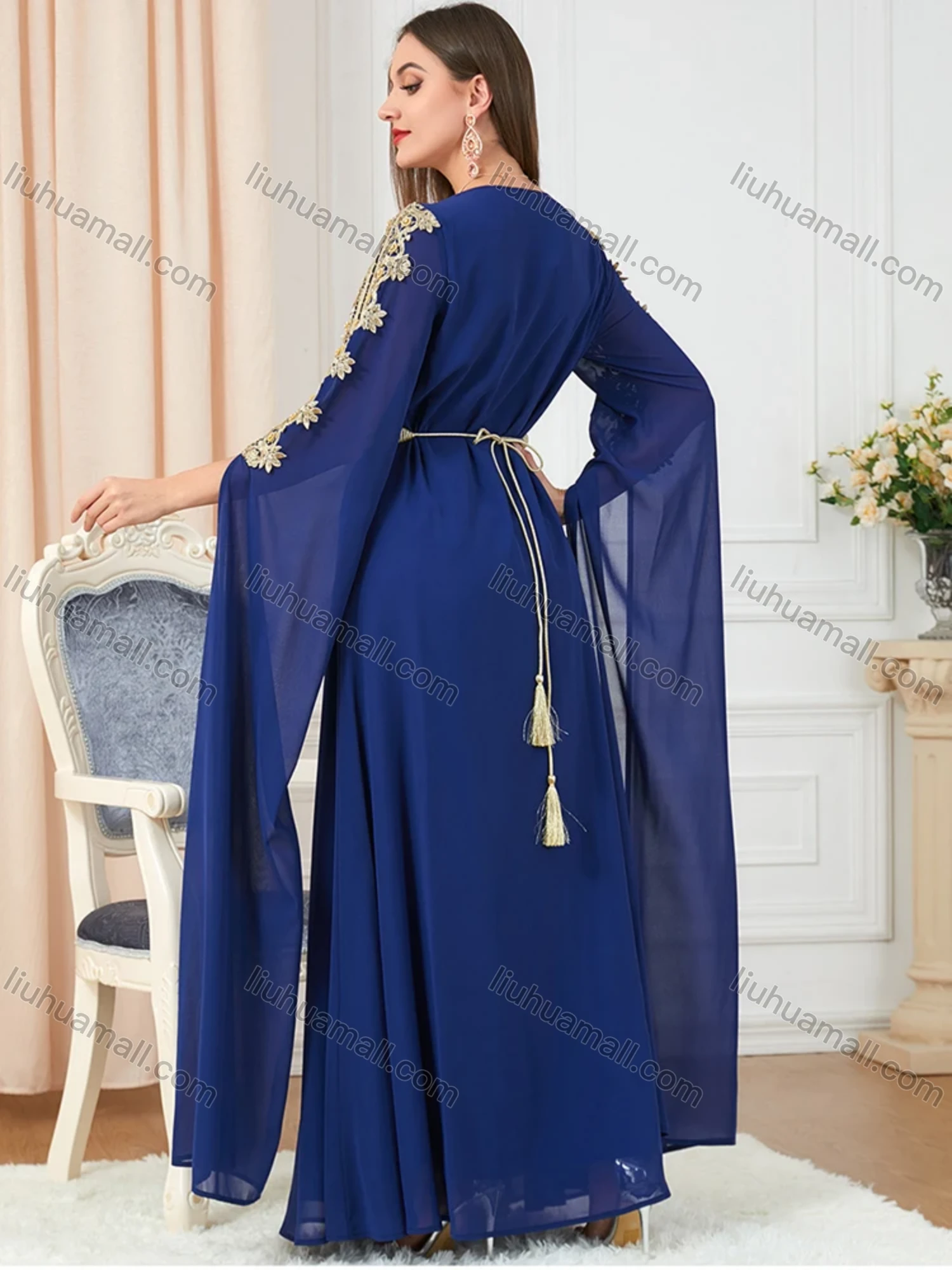 Wholesale Women's Arabic Dubai Muslim Islamic V Neck Splicing Embroidery Abaya Maxi Dress 3329# - Liuhuamall