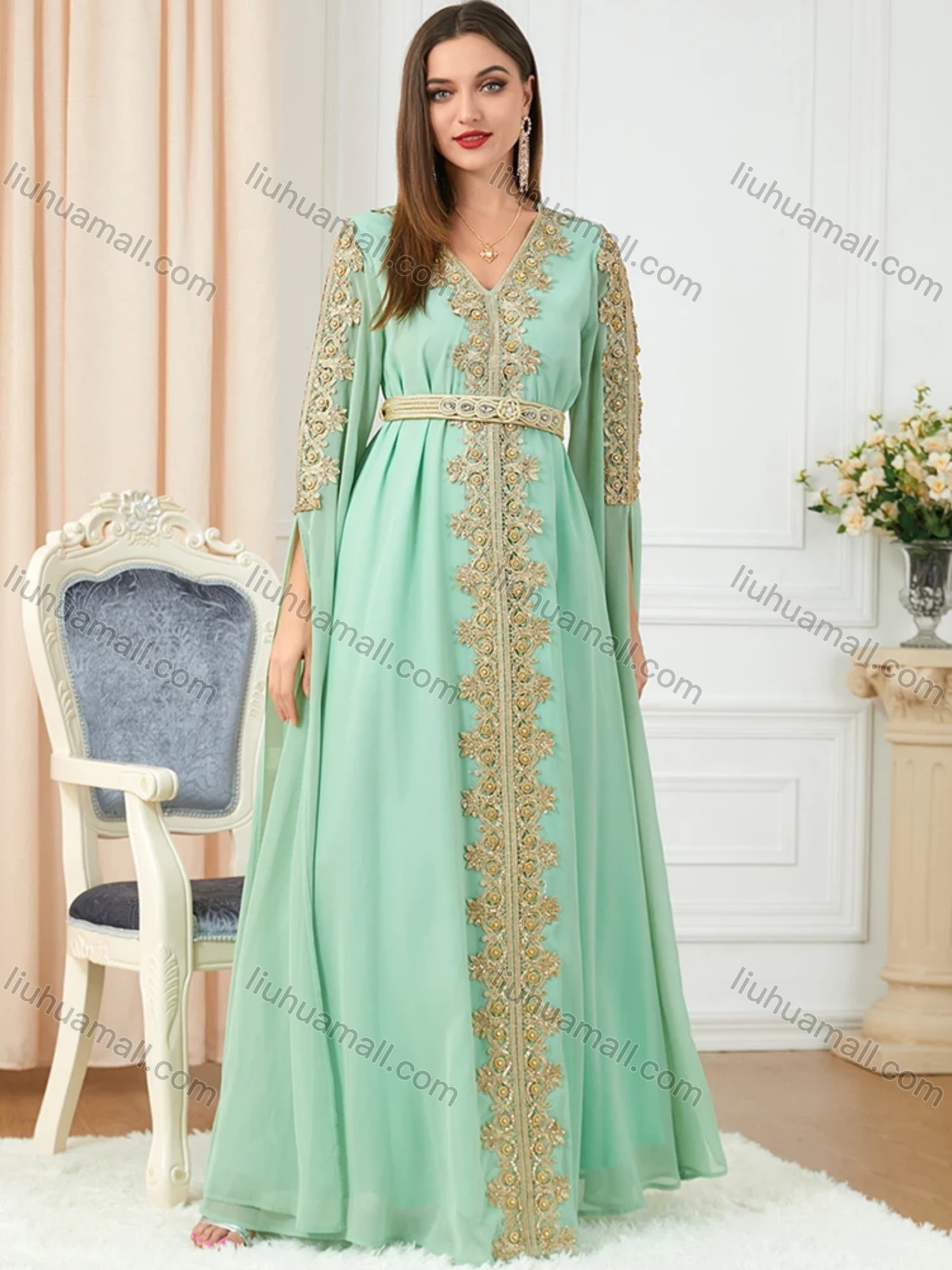 Wholesale Women's Arabic Dubai Muslim Islamic V Neck Splicing Embroidery Abaya Maxi Dress 3329# - Liuhuamall