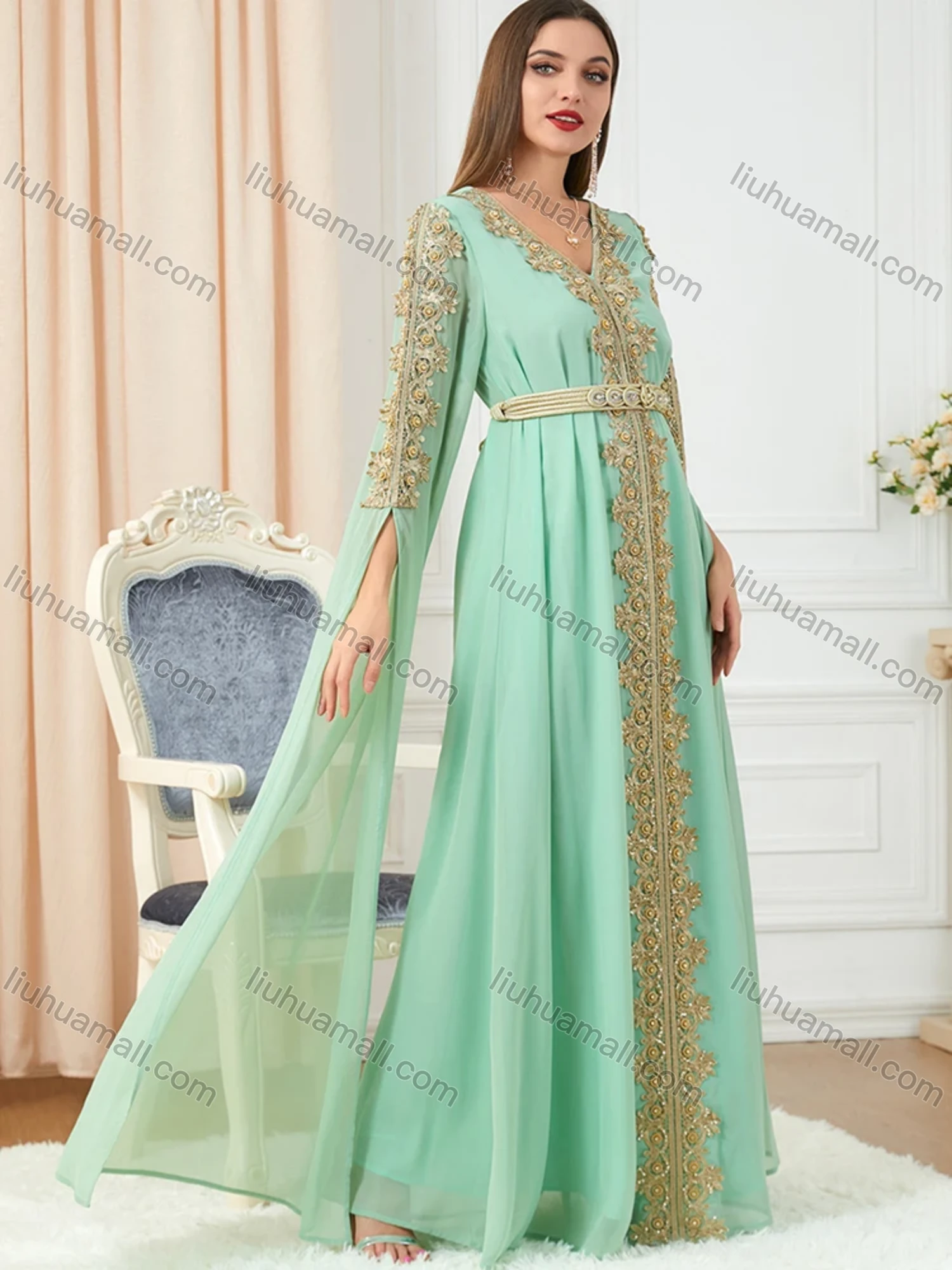Wholesale Women's Arabic Dubai Muslim Islamic V Neck Splicing Embroidery Abaya Maxi Dress 3329# - Liuhuamall