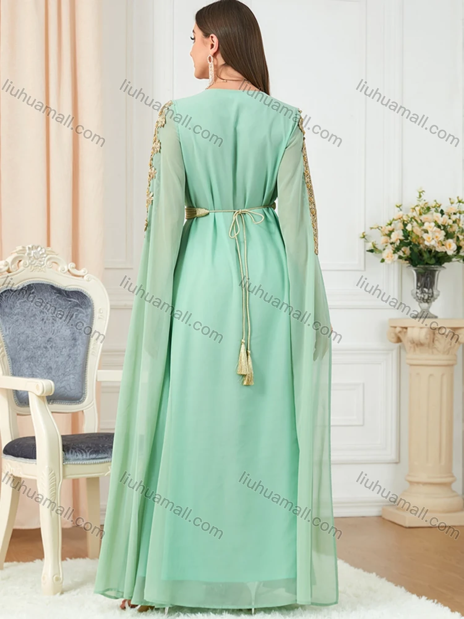 Wholesale Women's Arabic Dubai Muslim Islamic V Neck Splicing Embroidery Abaya Maxi Dress 3329# - Liuhuamall