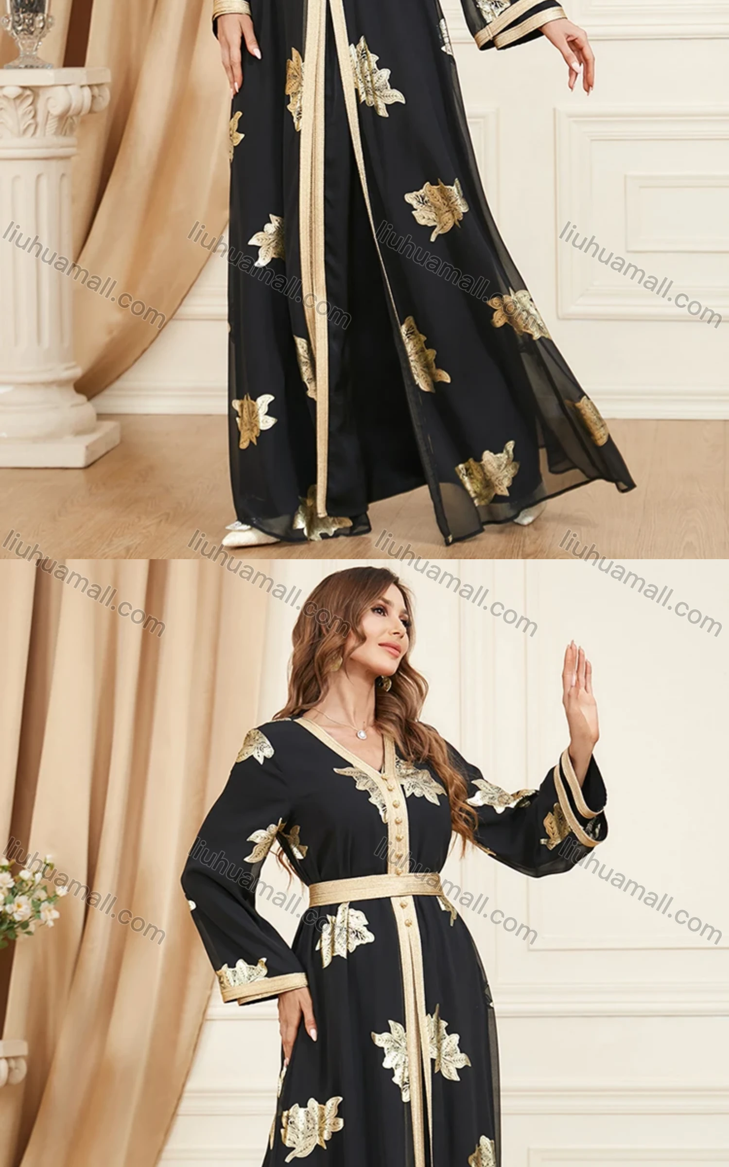 Wholesale Women's Arabic Muslim Islamic Dubai V Neck Splicing Embroidery Abaya Maxi Dress 3371# - Liuhuamall