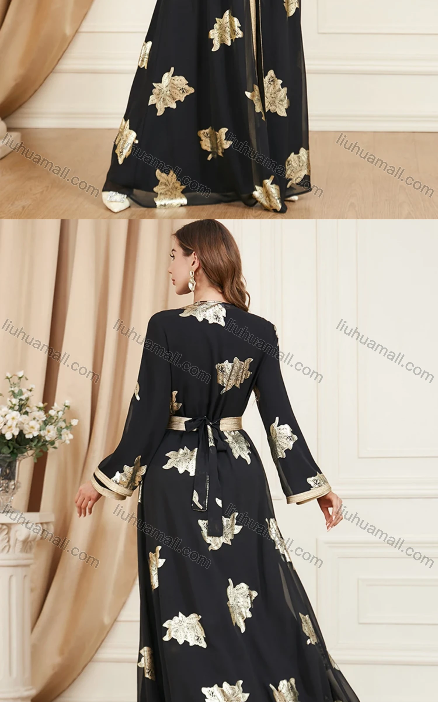 Wholesale Women's Arabic Muslim Islamic Dubai V Neck Splicing Embroidery Abaya Maxi Dress 3371# - Liuhuamall