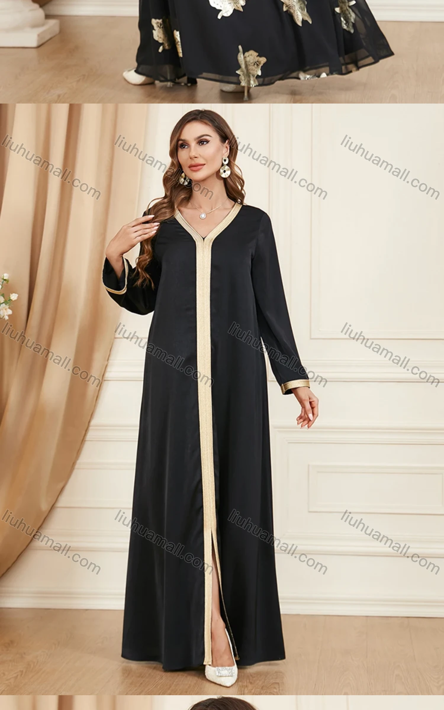 Wholesale Women's Arabic Muslim Islamic Dubai V Neck Splicing Embroidery Abaya Maxi Dress 3371# - Liuhuamall