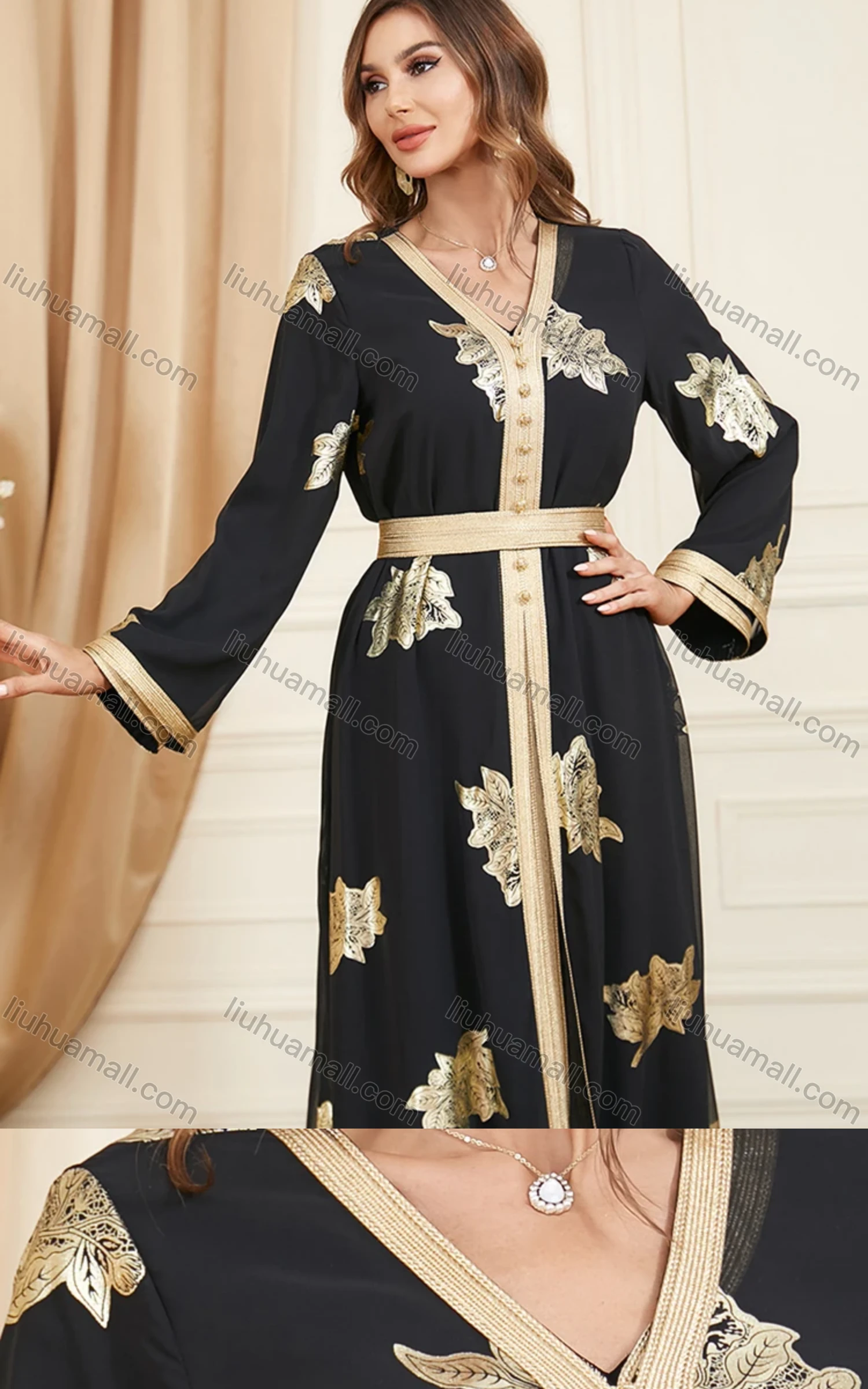 Wholesale Women's Arabic Muslim Islamic Dubai V Neck Splicing Embroidery Abaya Maxi Dress 3371# - Liuhuamall