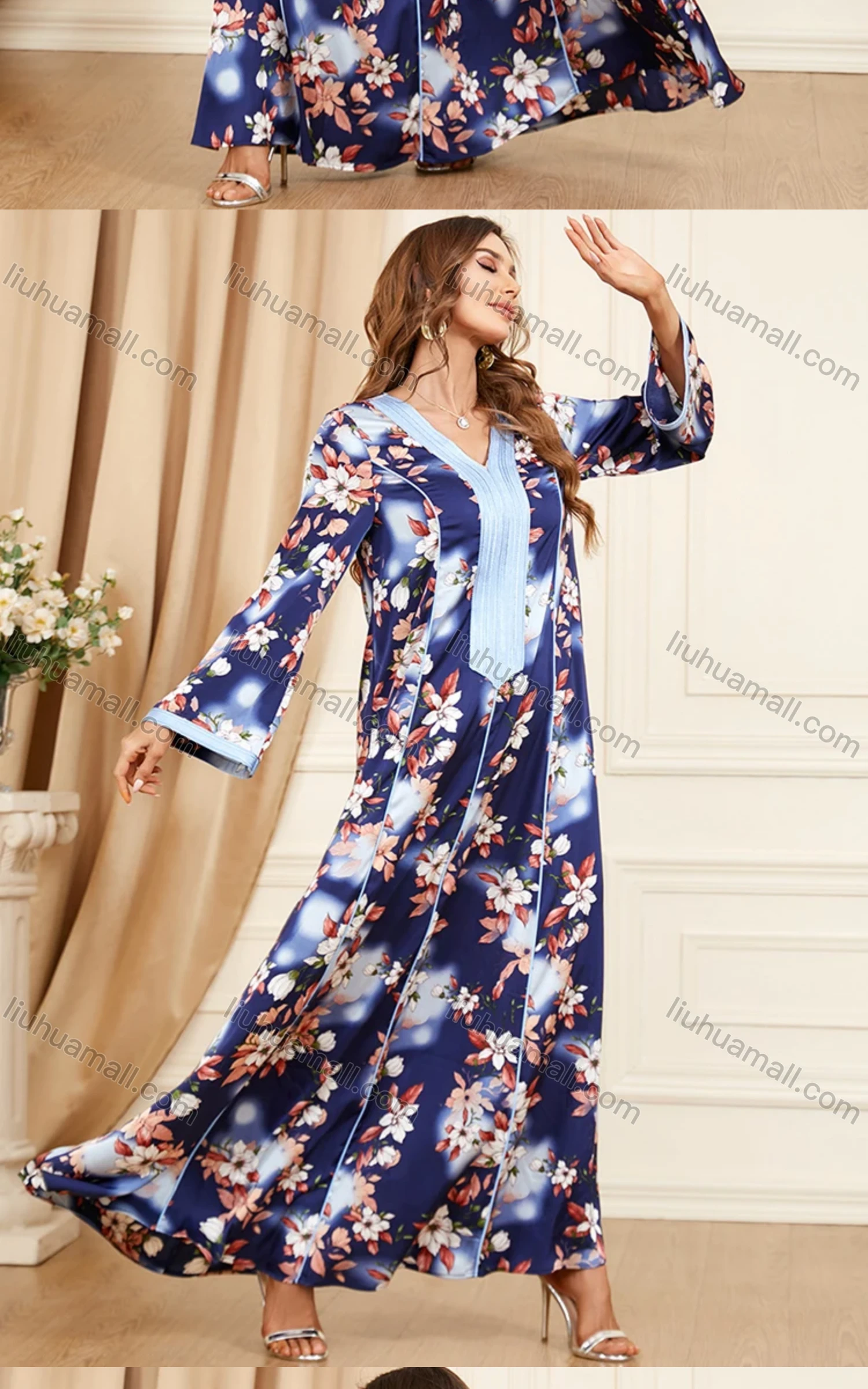 Wholesale Women's Arabic Muslim Islamic V Neck Floral Splicing Embroidery Abaya Maxi Dress 3395# - Liuhuamall