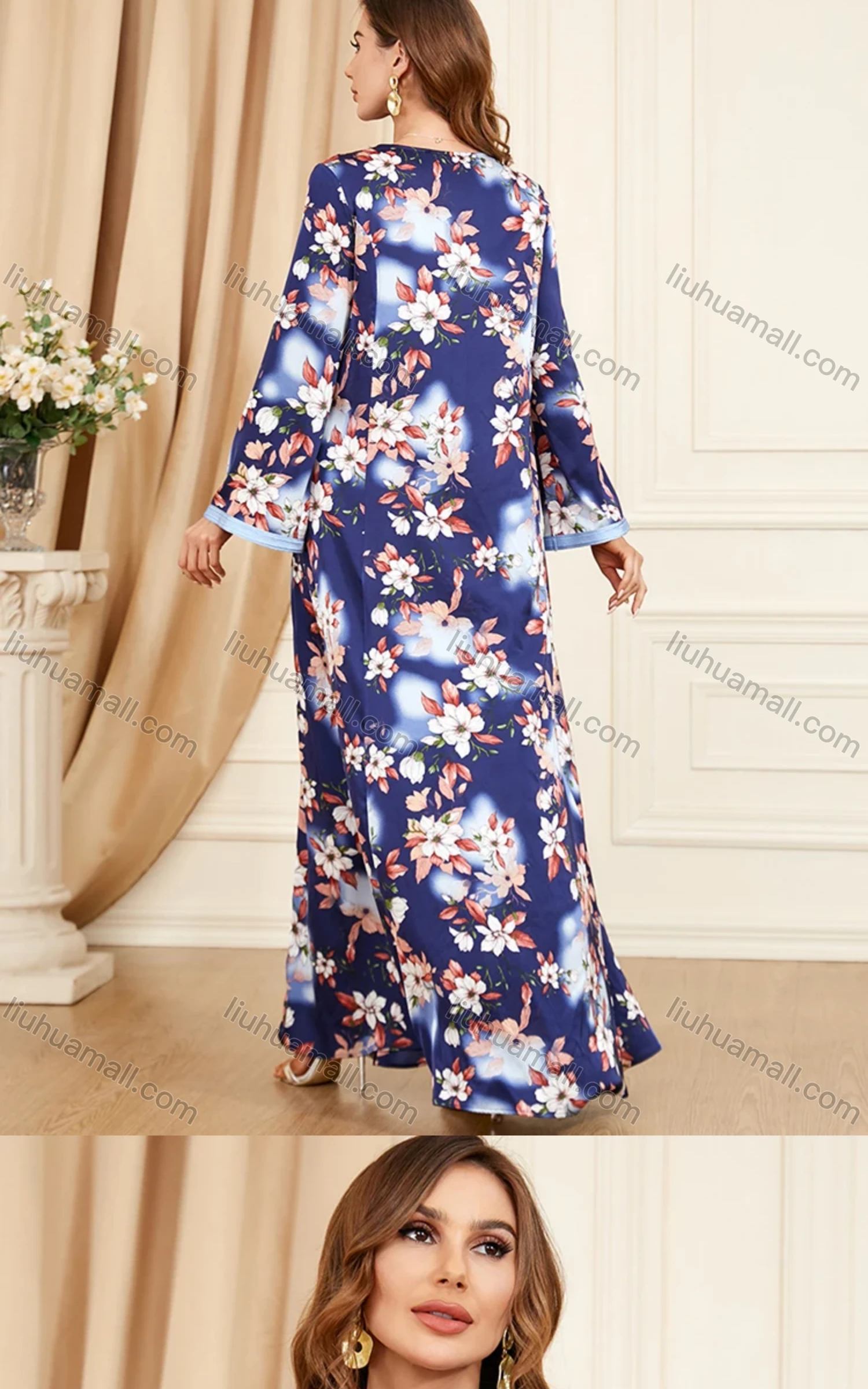 Wholesale Women's Arabic Muslim Islamic V Neck Floral Splicing Embroidery Abaya Maxi Dress 3395# - Liuhuamall