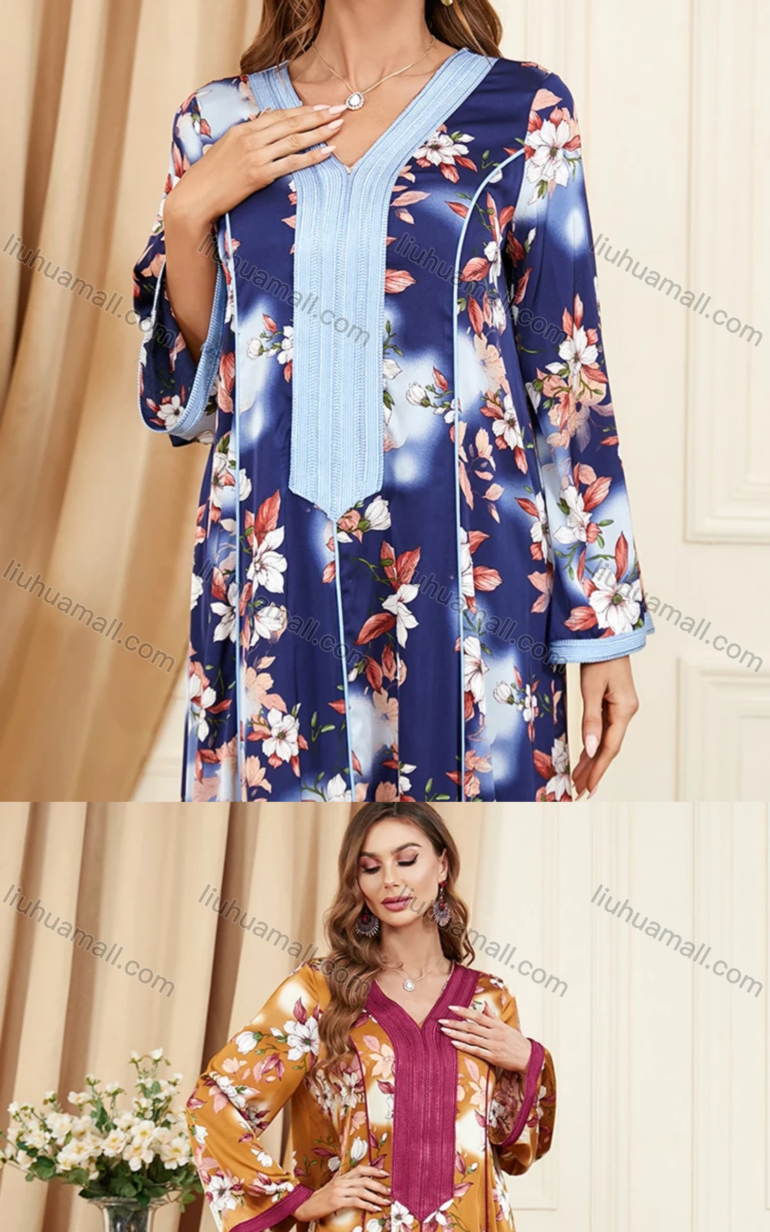 Wholesale Women's Arabic Muslim Islamic V Neck Floral Splicing Embroidery Abaya Maxi Dress 3395# - Liuhuamall