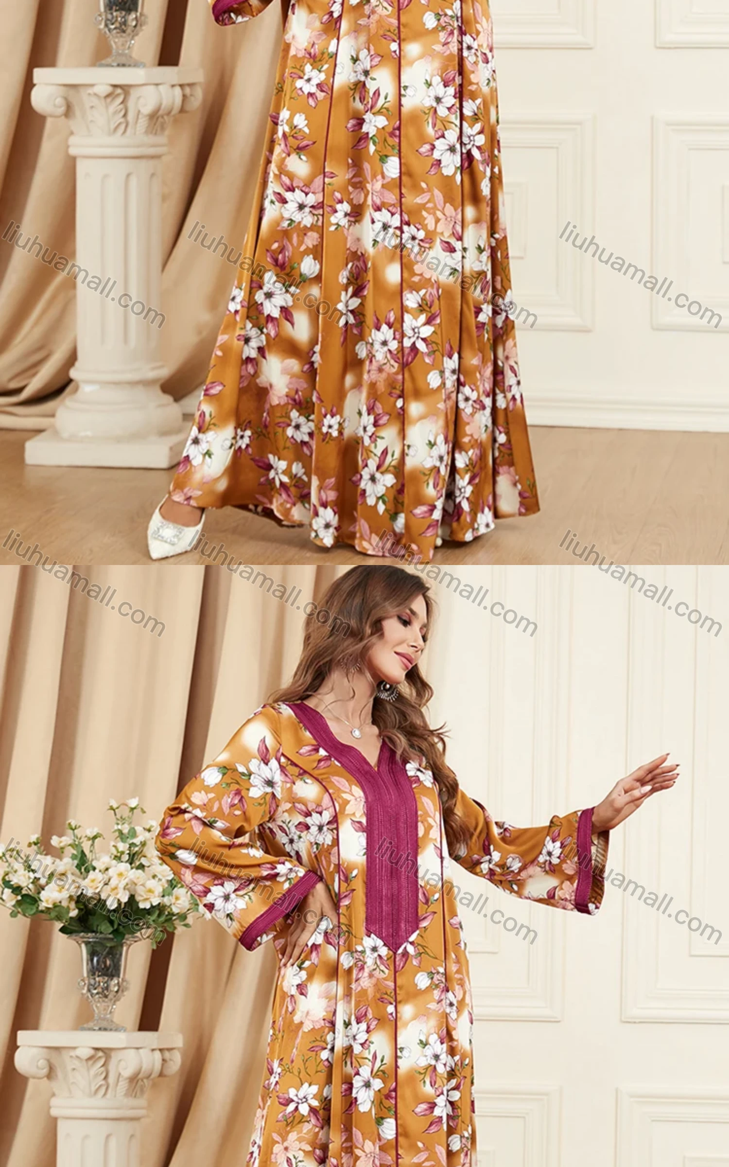 Wholesale Women's Arabic Muslim Islamic V Neck Floral Splicing Embroidery Abaya Maxi Dress 3395# - Liuhuamall