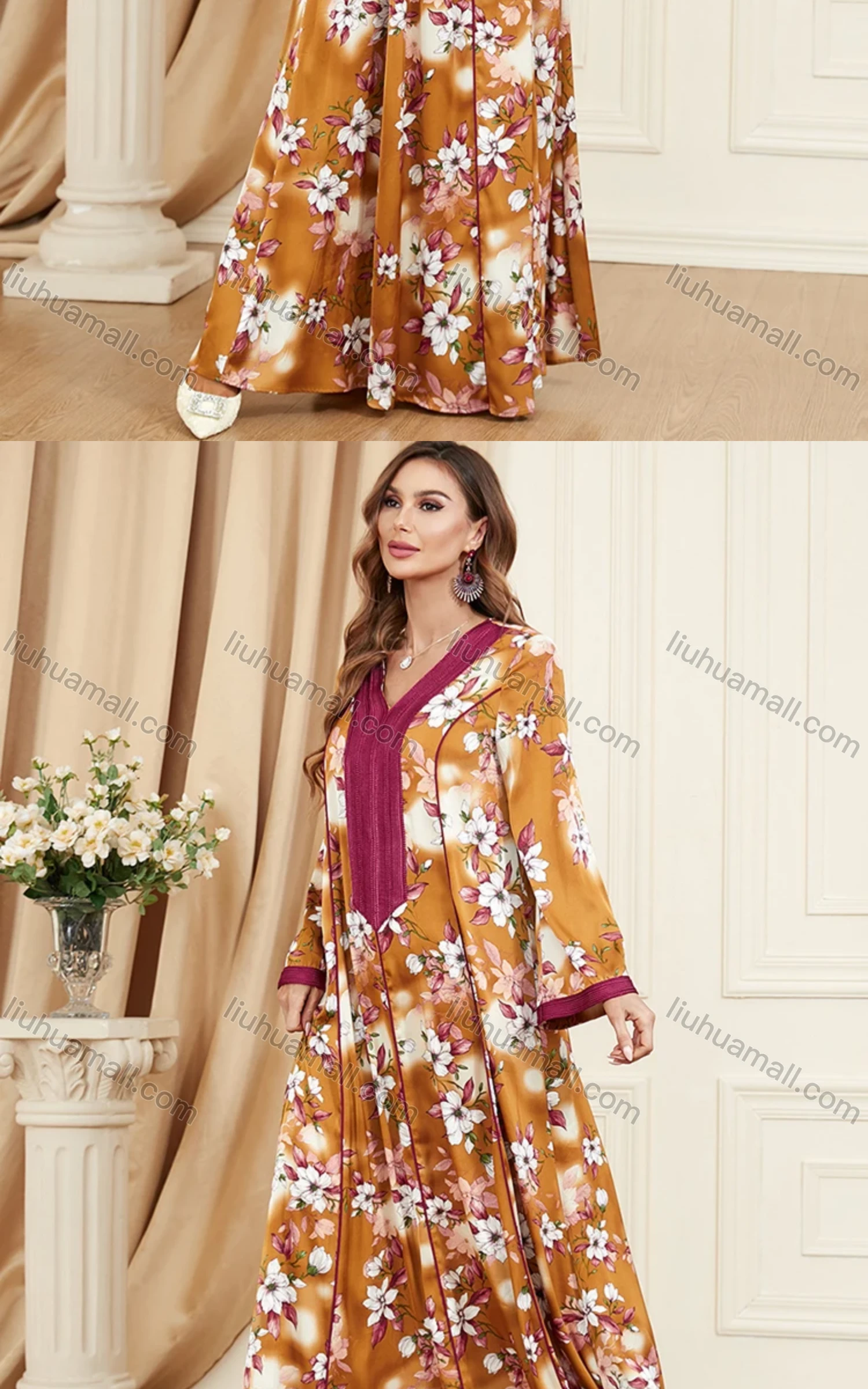 Wholesale Women's Arabic Muslim Islamic V Neck Floral Splicing Embroidery Abaya Maxi Dress 3395# - Liuhuamall