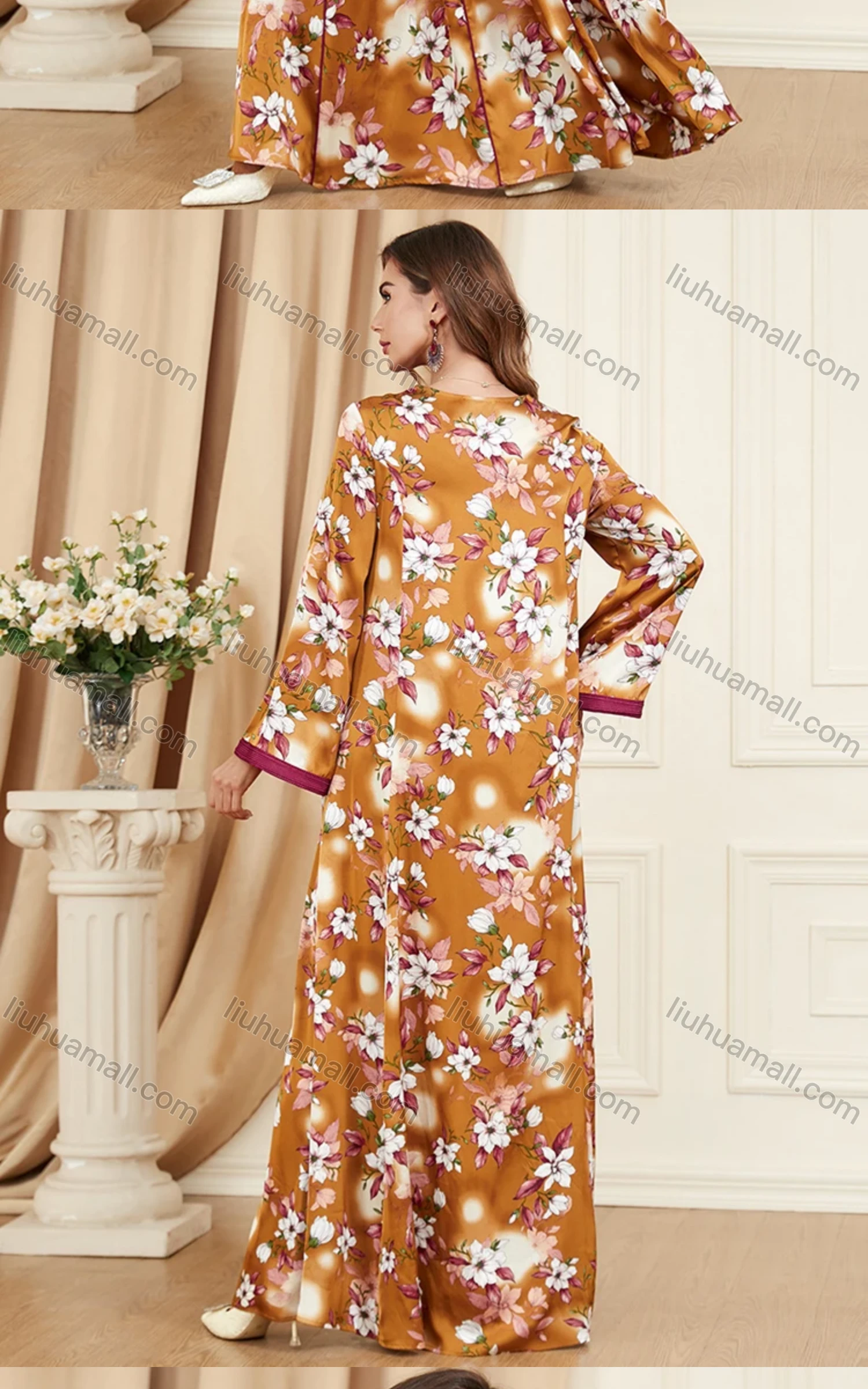 Wholesale Women's Arabic Muslim Islamic V Neck Floral Splicing Embroidery Abaya Maxi Dress 3395# - Liuhuamall