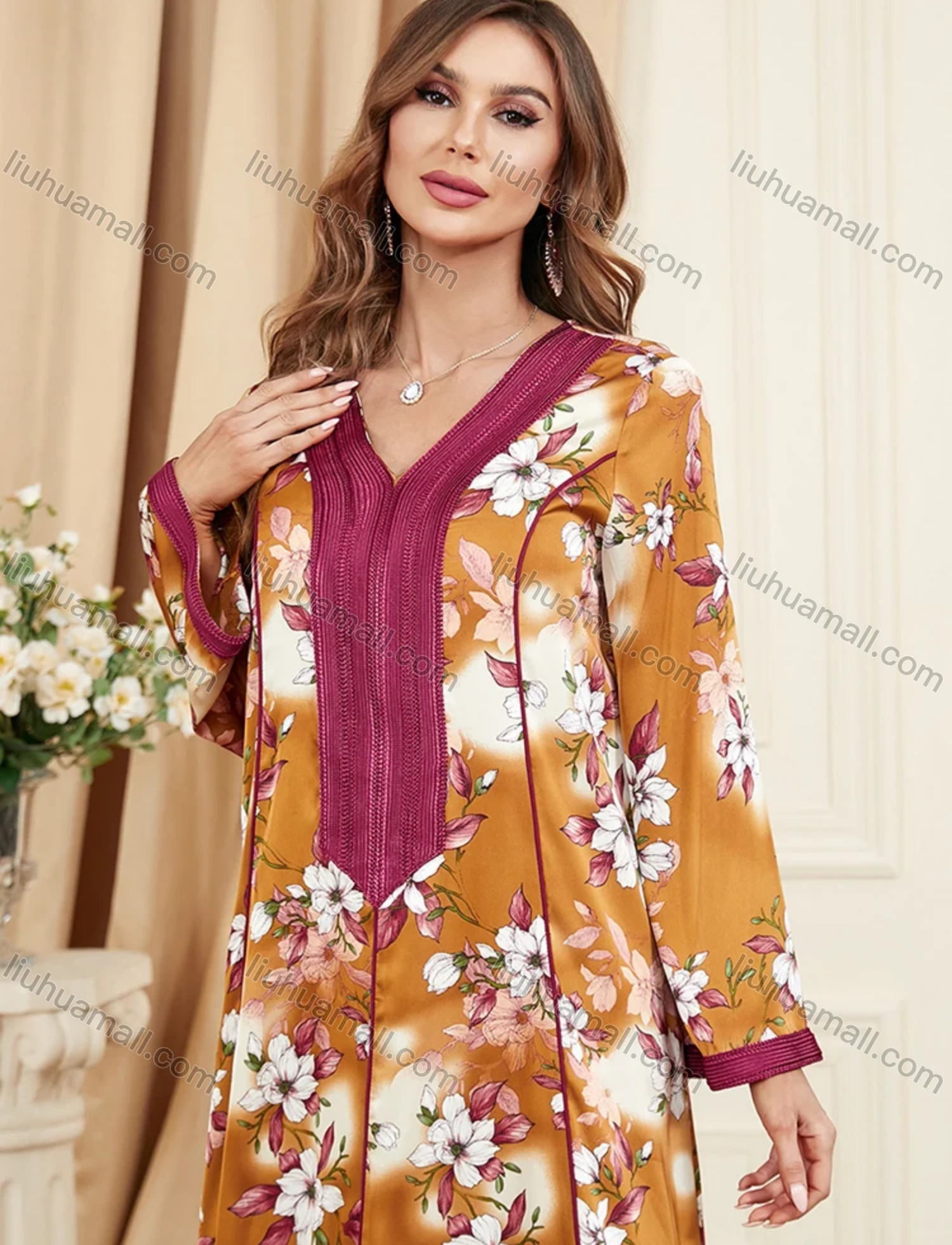 Wholesale Women's Arabic Muslim Islamic V Neck Floral Splicing Embroidery Abaya Maxi Dress 3395# - Liuhuamall