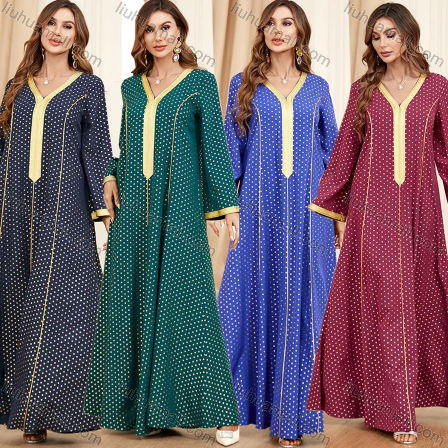 Wholesale Women's Arabic Muslim Islamic V Neck Splicing Dubai Embroidery Abaya Maxi Dress 3396# - Liuhuamall