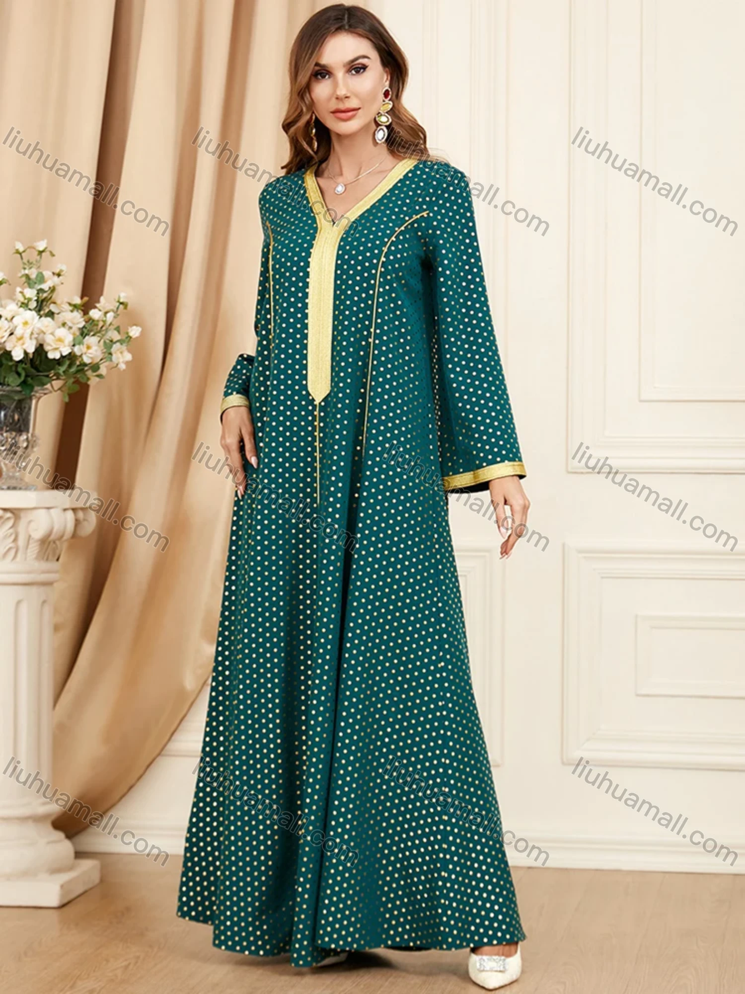 Wholesale Women's Arabic Muslim Islamic V Neck Splicing Dubai Embroidery Abaya Maxi Dress 3396# - Liuhuamall