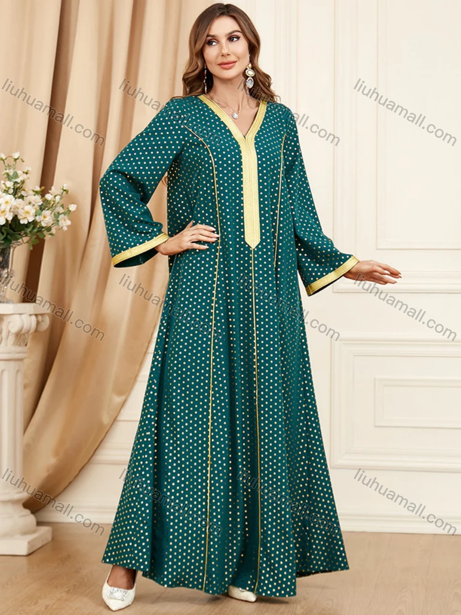 Wholesale Women's Arabic Muslim Islamic V Neck Splicing Dubai Embroidery Abaya Maxi Dress 3396# - Liuhuamall