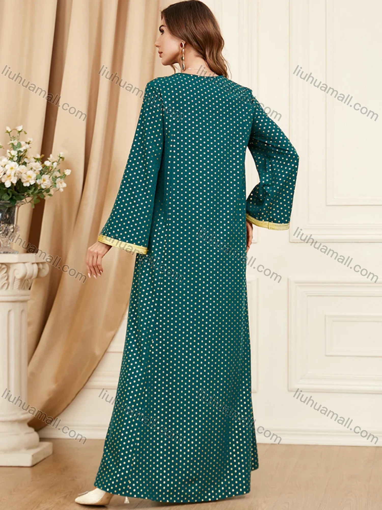 Wholesale Women's Arabic Muslim Islamic V Neck Splicing Dubai Embroidery Abaya Maxi Dress 3396# - Liuhuamall