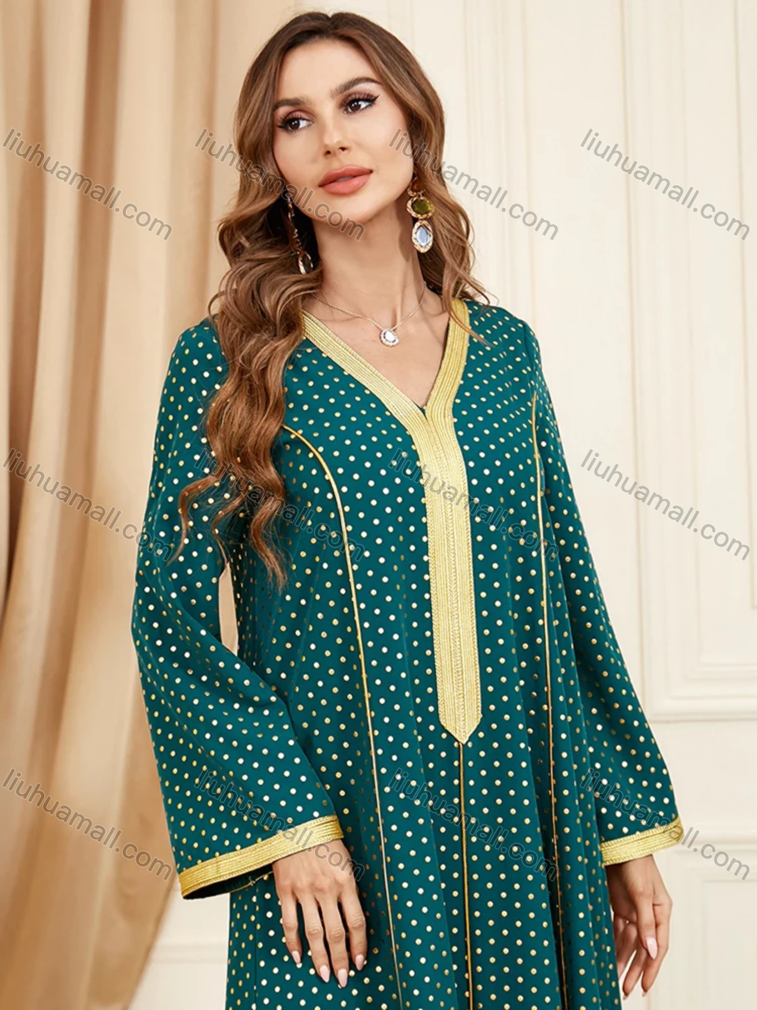 Wholesale Women's Arabic Muslim Islamic V Neck Splicing Dubai Embroidery Abaya Maxi Dress 3396# - Liuhuamall