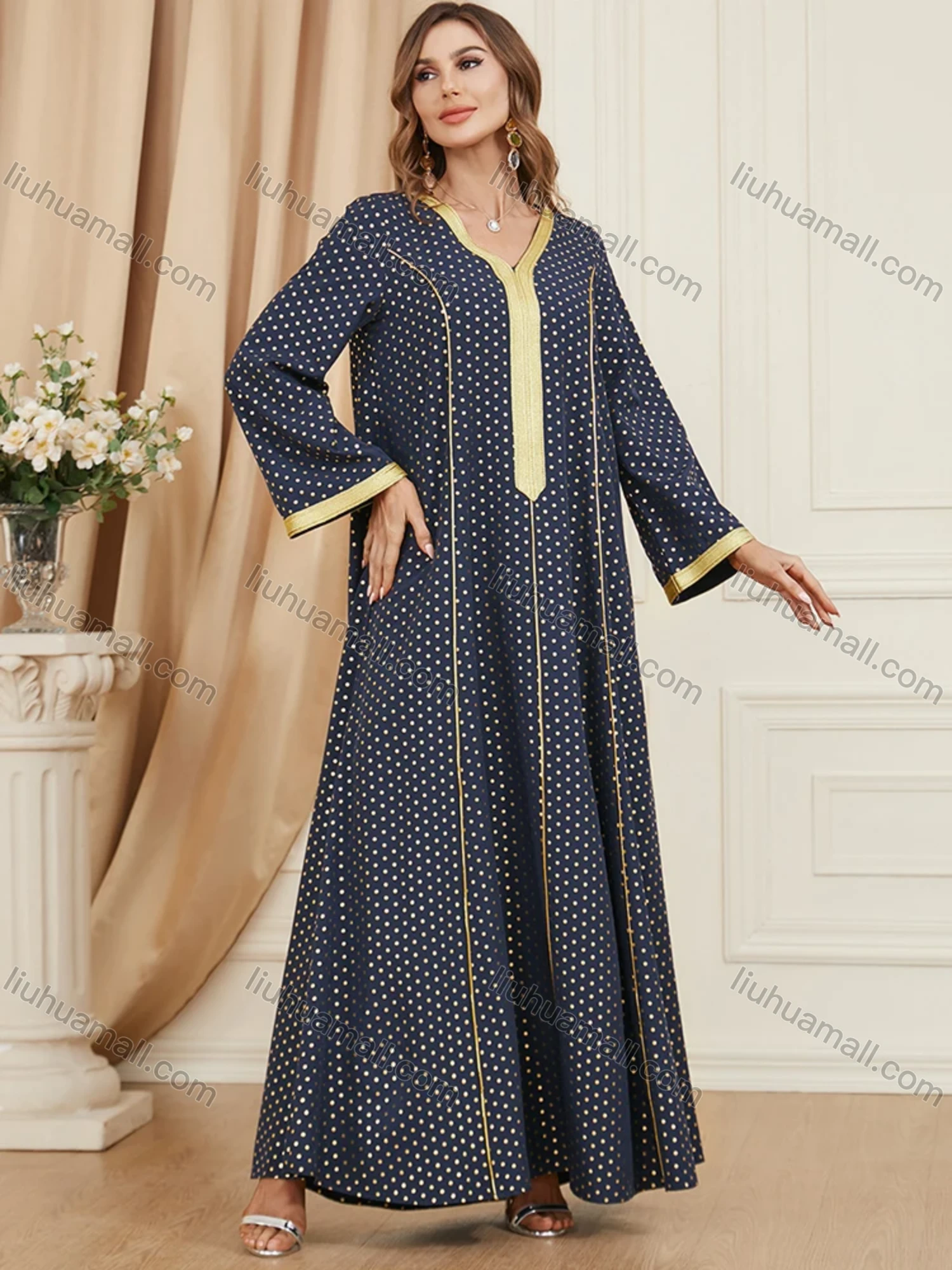 Wholesale Women's Arabic Muslim Islamic V Neck Splicing Dubai Embroidery Abaya Maxi Dress 3396# - Liuhuamall