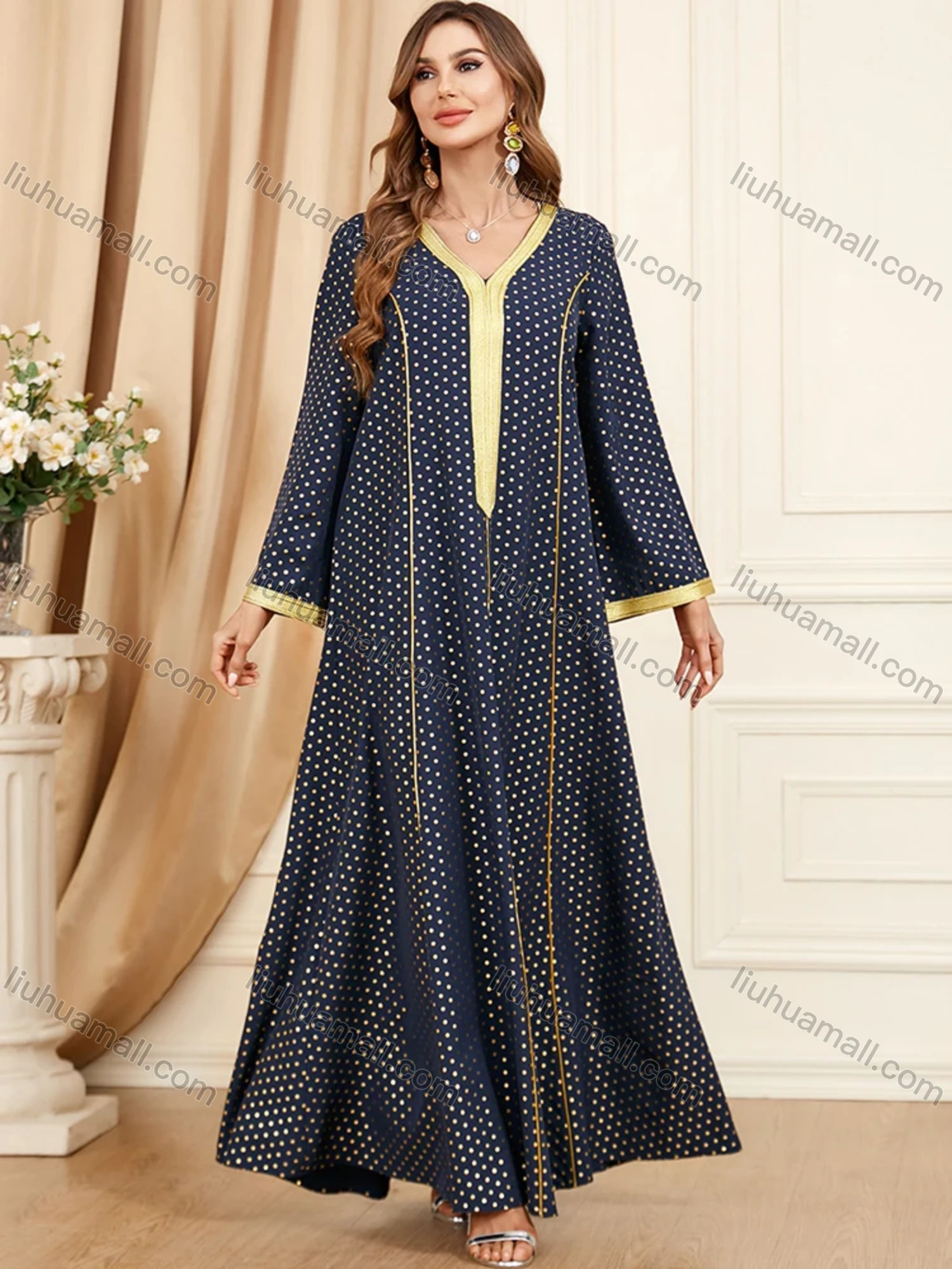 Wholesale Women's Arabic Muslim Islamic V Neck Splicing Dubai Embroidery Abaya Maxi Dress 3396# - Liuhuamall