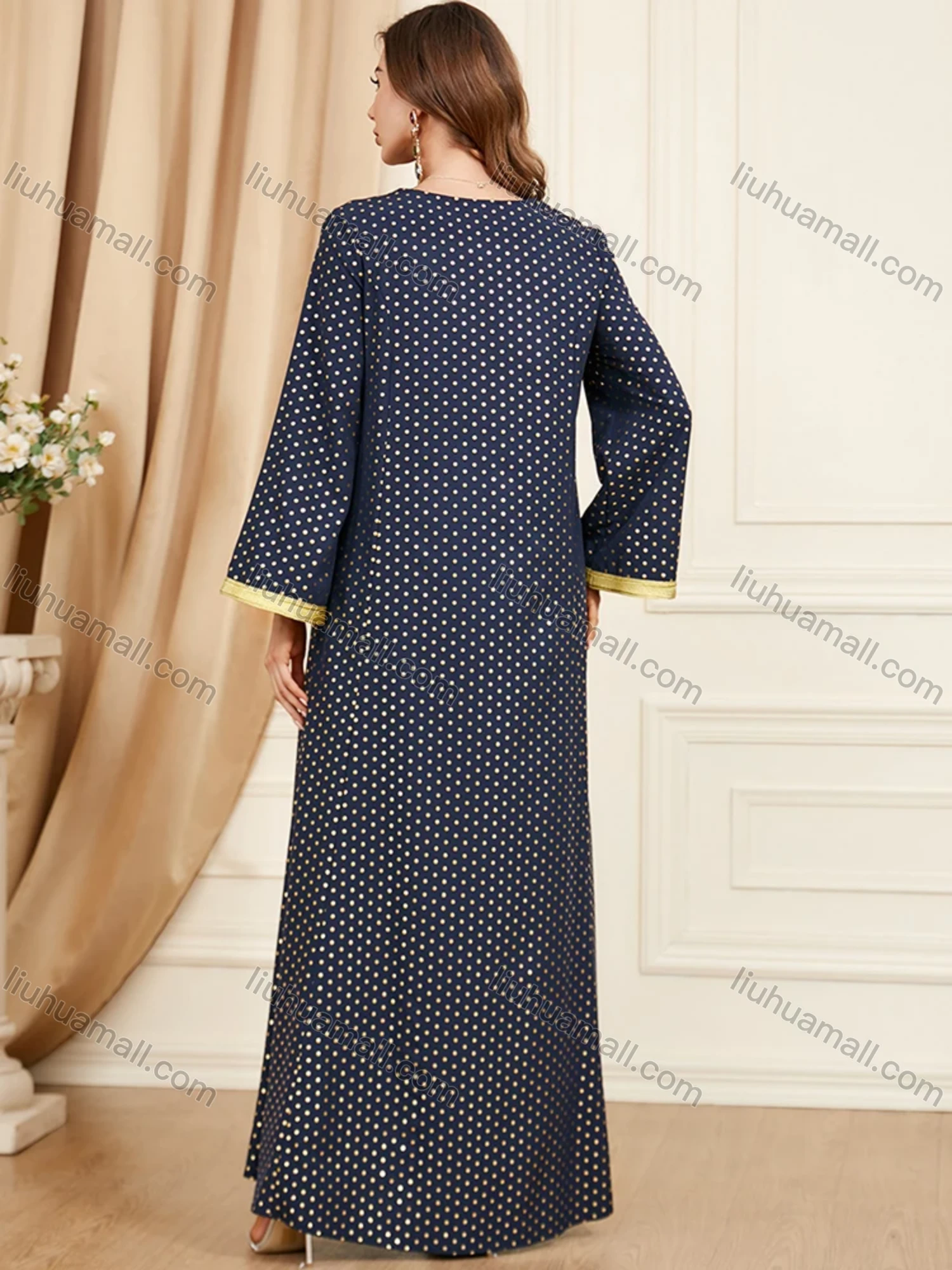 Wholesale Women's Arabic Muslim Islamic V Neck Splicing Dubai Embroidery Abaya Maxi Dress 3396# - Liuhuamall