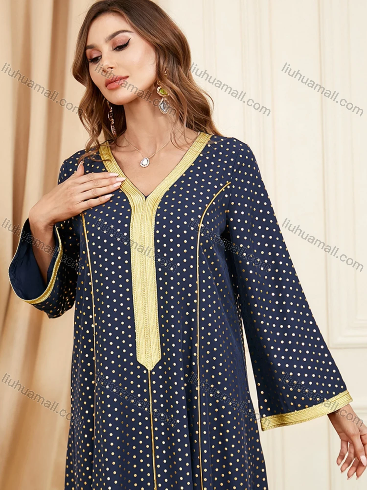 Wholesale Women's Arabic Muslim Islamic V Neck Splicing Dubai Embroidery Abaya Maxi Dress 3396# - Liuhuamall