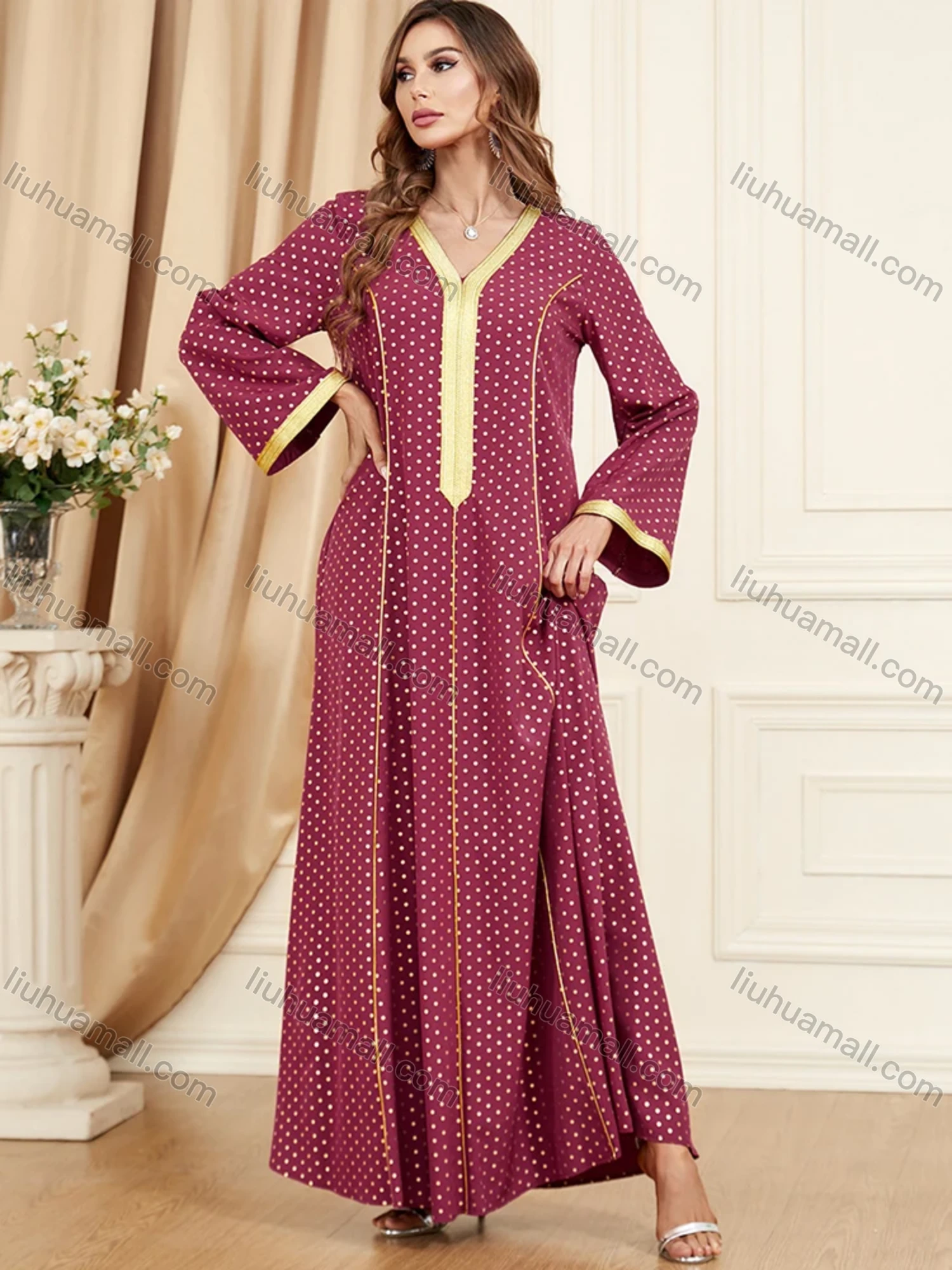 Wholesale Women's Arabic Muslim Islamic V Neck Splicing Dubai Embroidery Abaya Maxi Dress 3396# - Liuhuamall