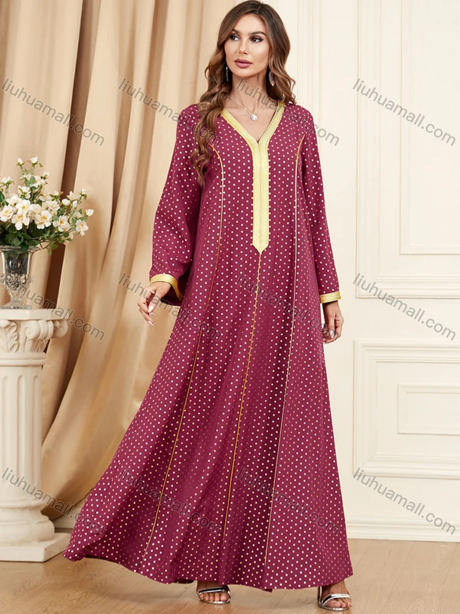 Wholesale Women's Arabic Muslim Islamic V Neck Splicing Dubai Embroidery Abaya Maxi Dress 3396# - Liuhuamall