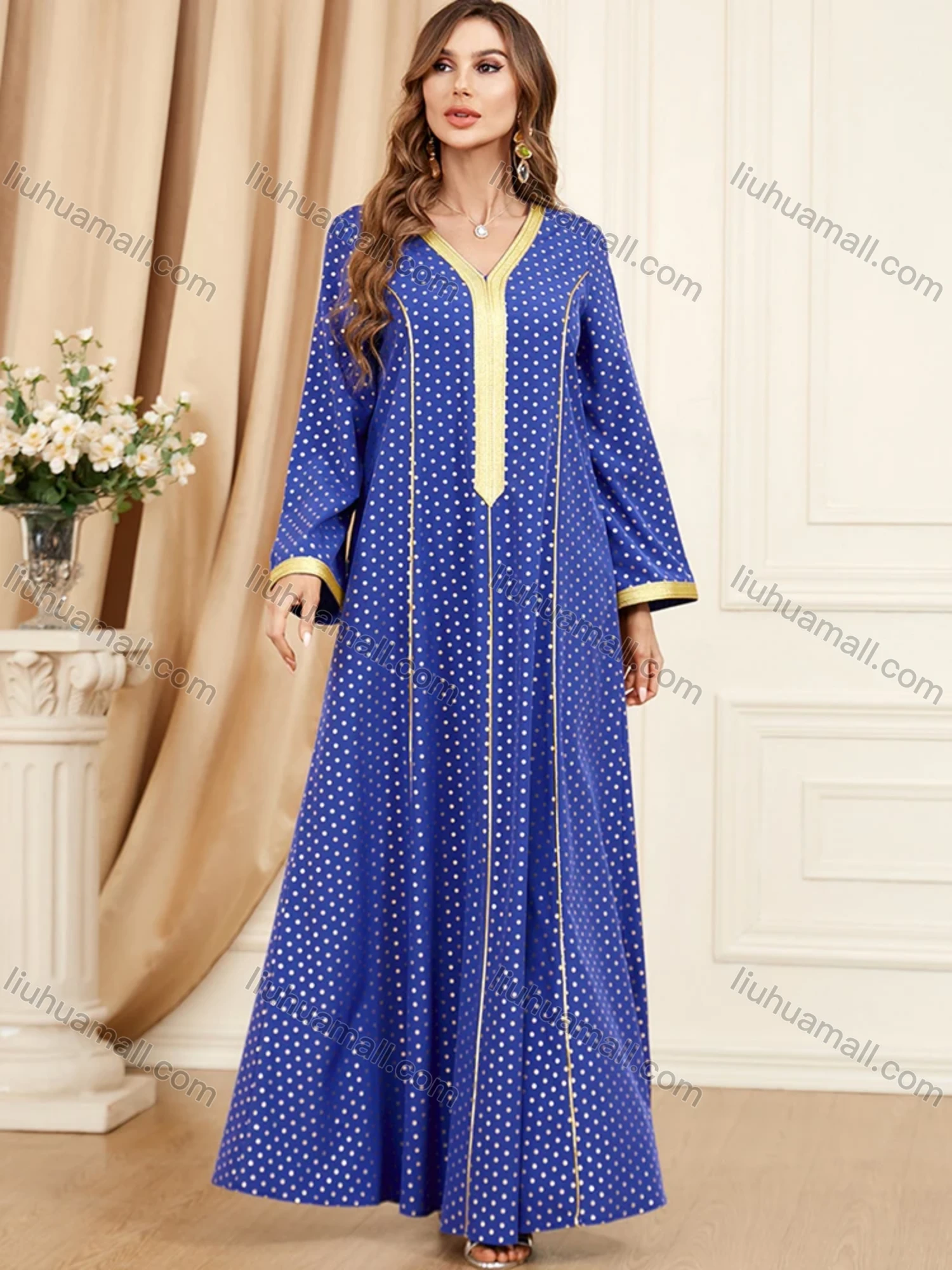 Wholesale Women's Arabic Muslim Islamic V Neck Splicing Dubai Embroidery Abaya Maxi Dress 3396# - Liuhuamall