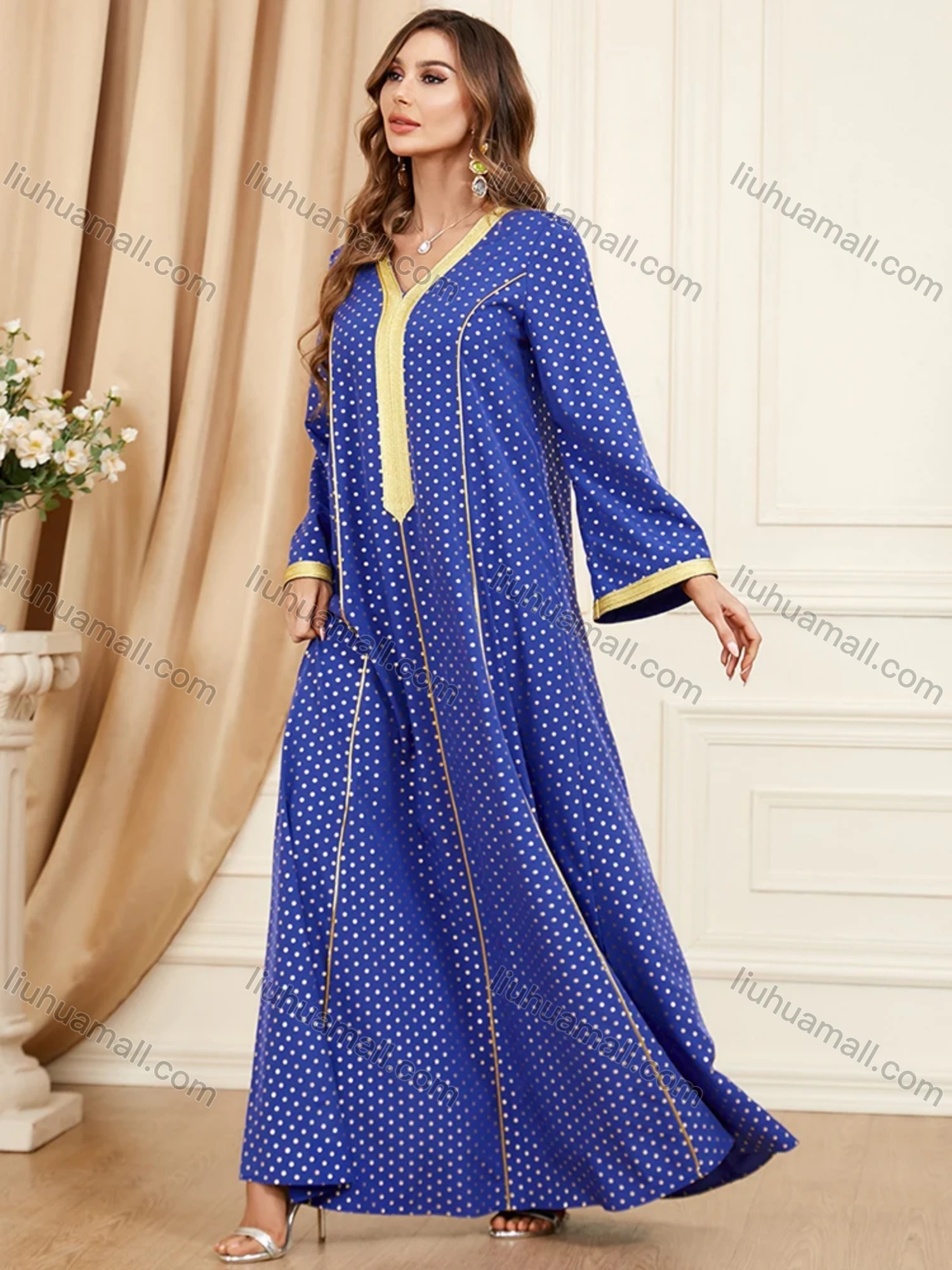 Wholesale Women's Arabic Muslim Islamic V Neck Splicing Dubai Embroidery Abaya Maxi Dress 3396# - Liuhuamall