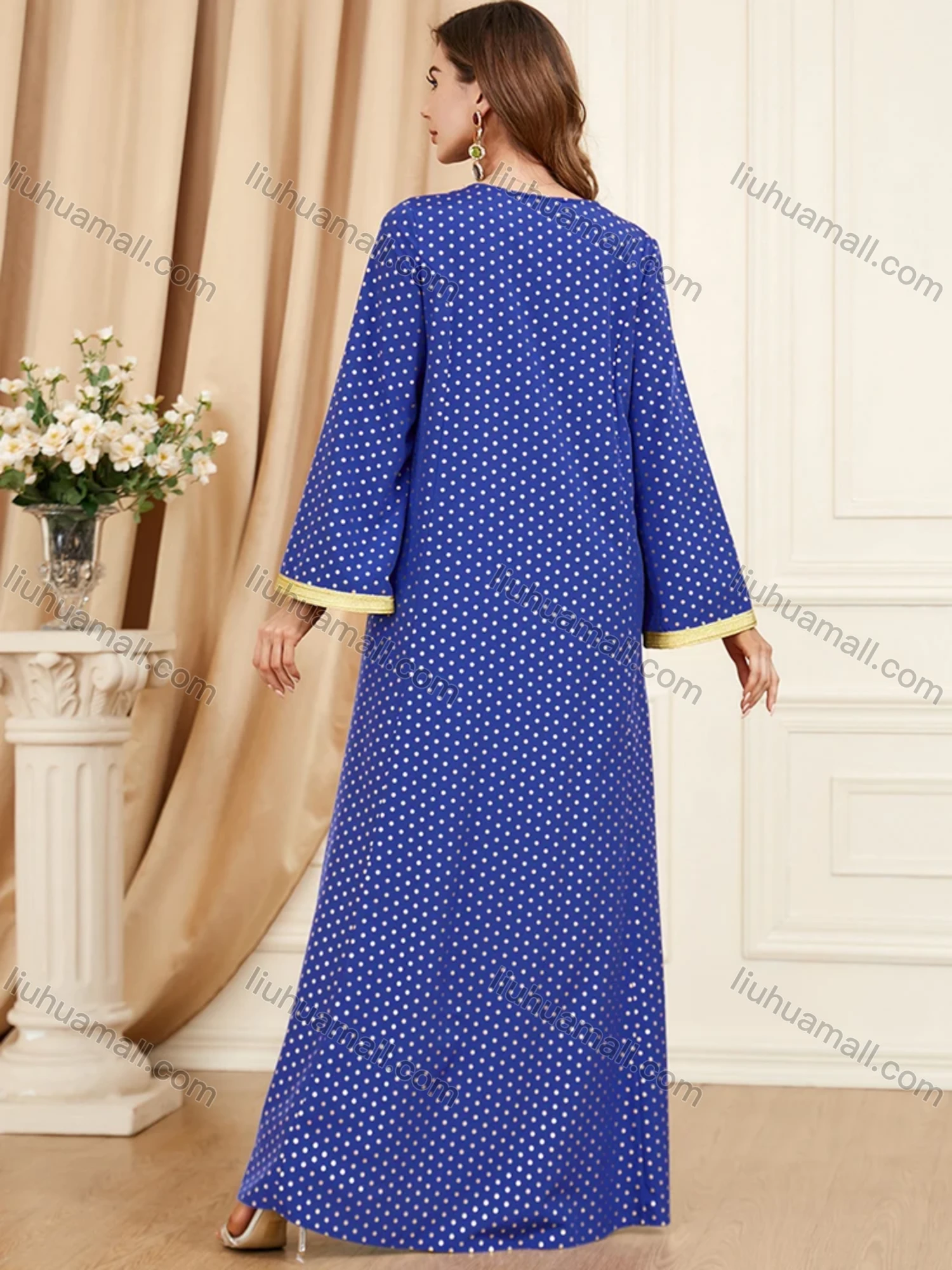 Wholesale Women's Arabic Muslim Islamic V Neck Splicing Dubai Embroidery Abaya Maxi Dress 3396# - Liuhuamall