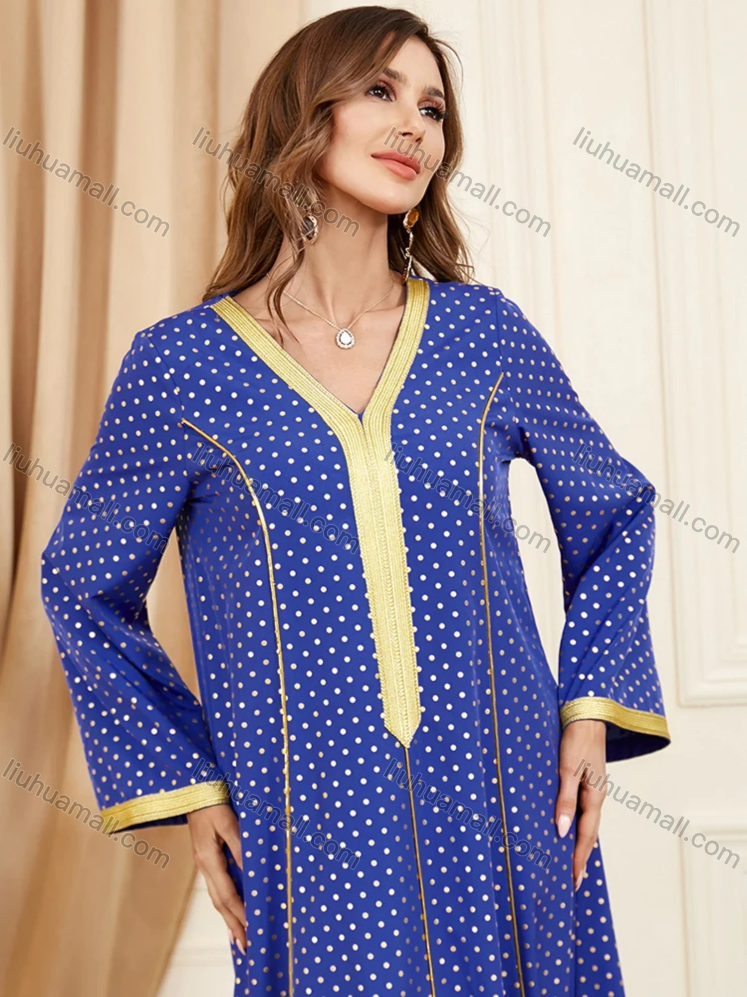 Wholesale Women's Arabic Muslim Islamic V Neck Splicing Dubai Embroidery Abaya Maxi Dress 3396# - Liuhuamall