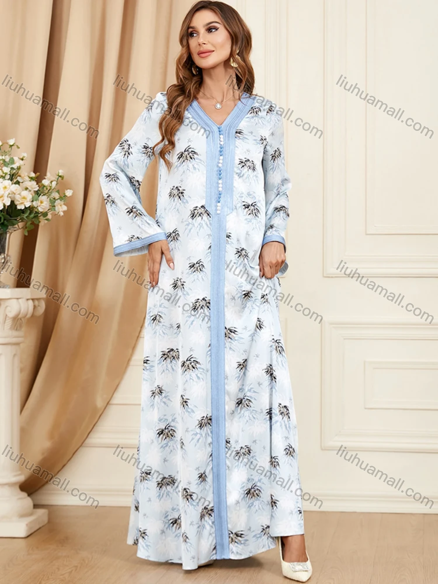 Wholesale Women's Arabic Muslim Islamic V Neck Splicing Dubai Embroidery Abaya Maxi Dress 3400# - Liuhuamall