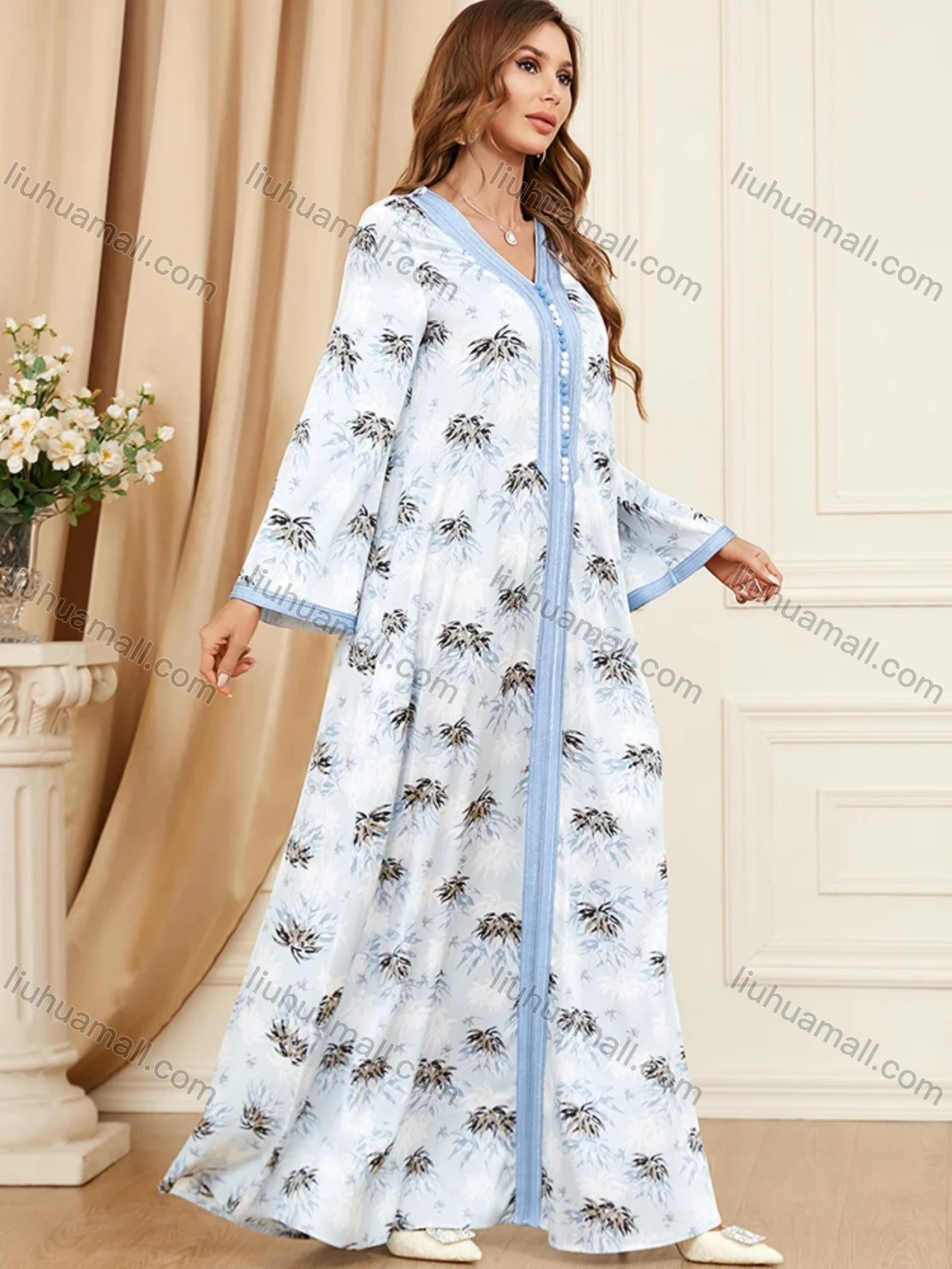 Wholesale Women's Arabic Muslim Islamic V Neck Splicing Dubai Embroidery Abaya Maxi Dress 3400# - Liuhuamall