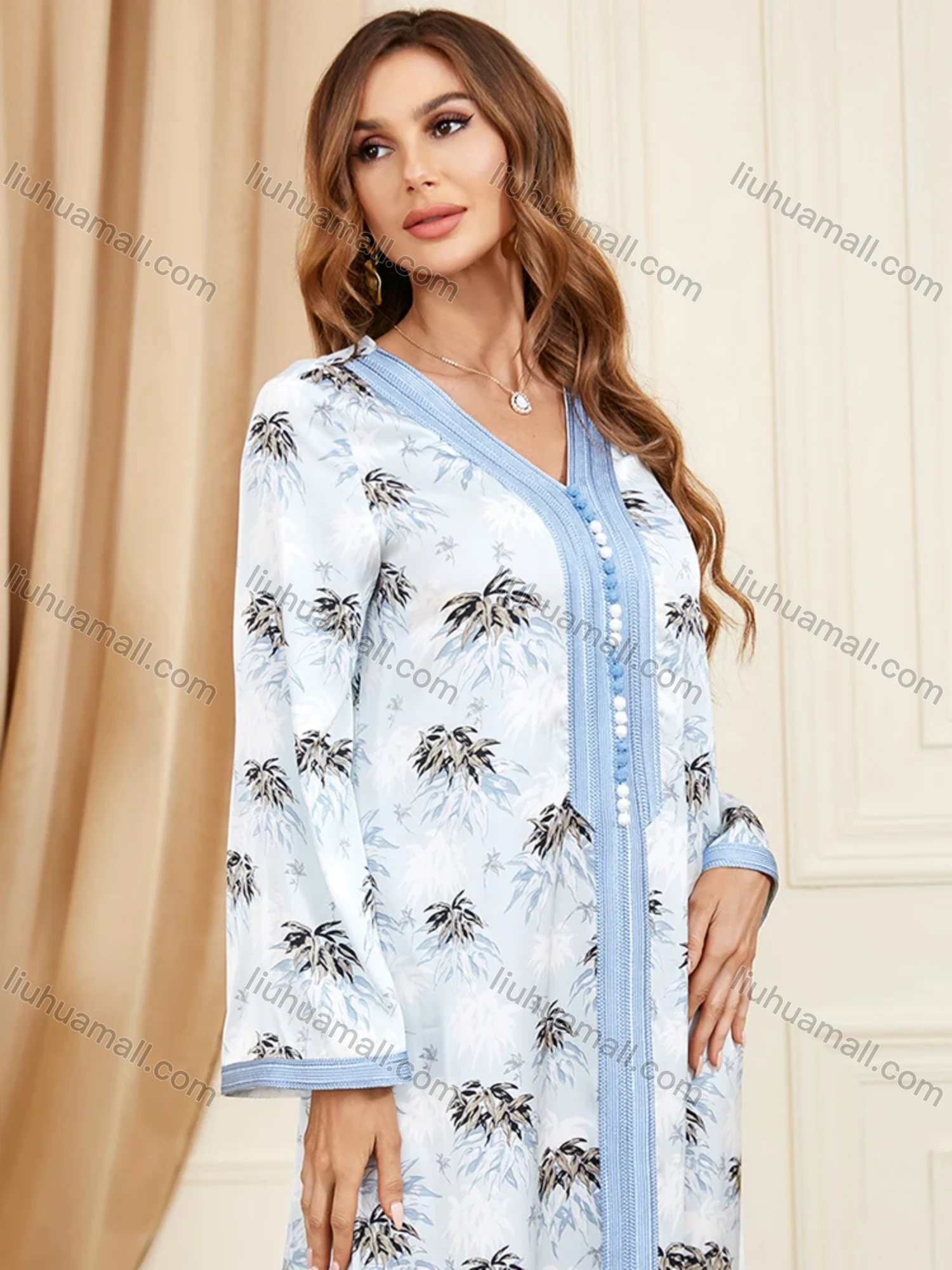 Wholesale Women's Arabic Muslim Islamic V Neck Splicing Dubai Embroidery Abaya Maxi Dress 3400# - Liuhuamall