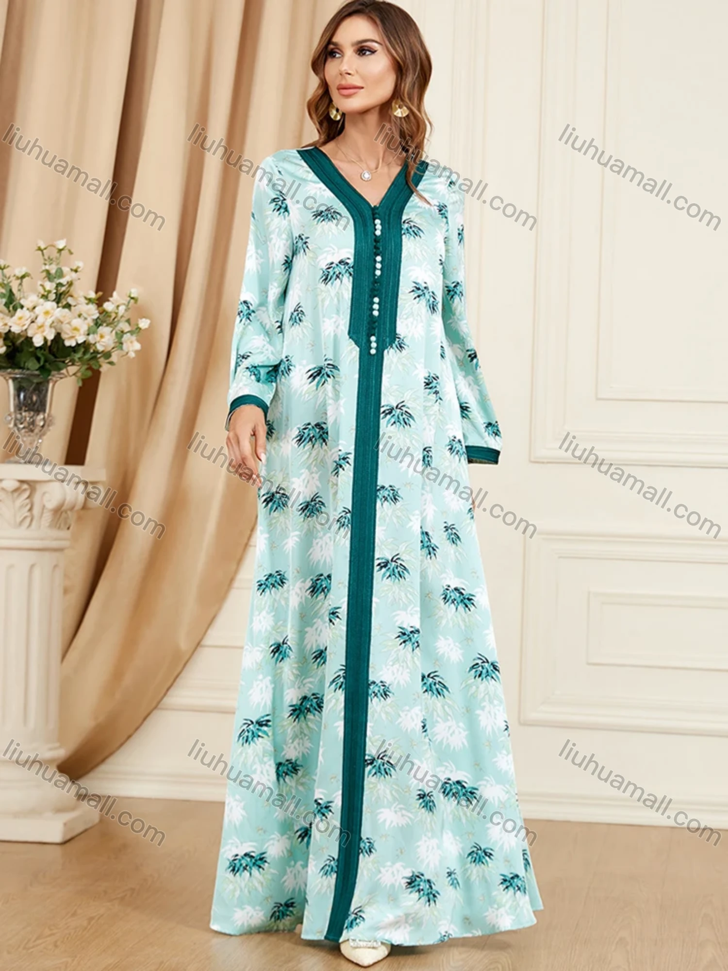 Wholesale Women's Arabic Muslim Islamic V Neck Splicing Dubai Embroidery Abaya Maxi Dress 3400# - Liuhuamall