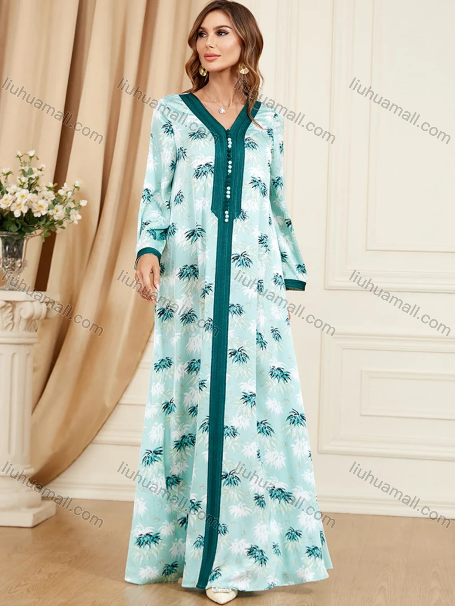 Wholesale Women's Arabic Muslim Islamic V Neck Splicing Dubai Embroidery Abaya Maxi Dress 3400# - Liuhuamall